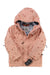 Kids hooded snow jacket in light pink with speckle pattern, zip front, chest pockets