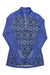 The Helly Hansen Womens Lifa Merino Midweight Graphic 1/2 Zip Top is a purple long-sleeve with stand collar, geometric black and blue front pattern, and reflective stripes—ideal for cold weather or hiking.