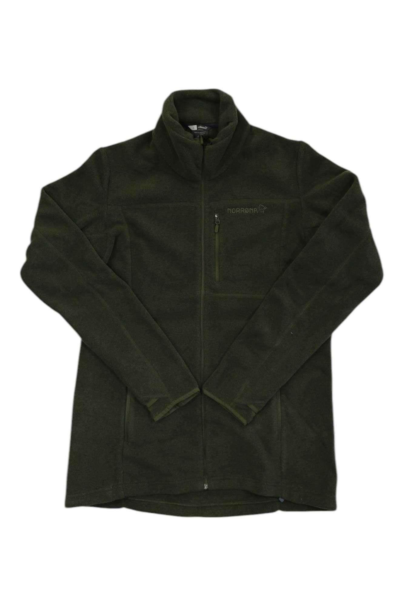 The Norrona Womens Warm2 Jacket in dark green features a full front zipper, long sleeves, high collar, zippered chest pocket, and subtle chest branding. Laid flat on a white background, it’s the ideal outdoor midlayer.