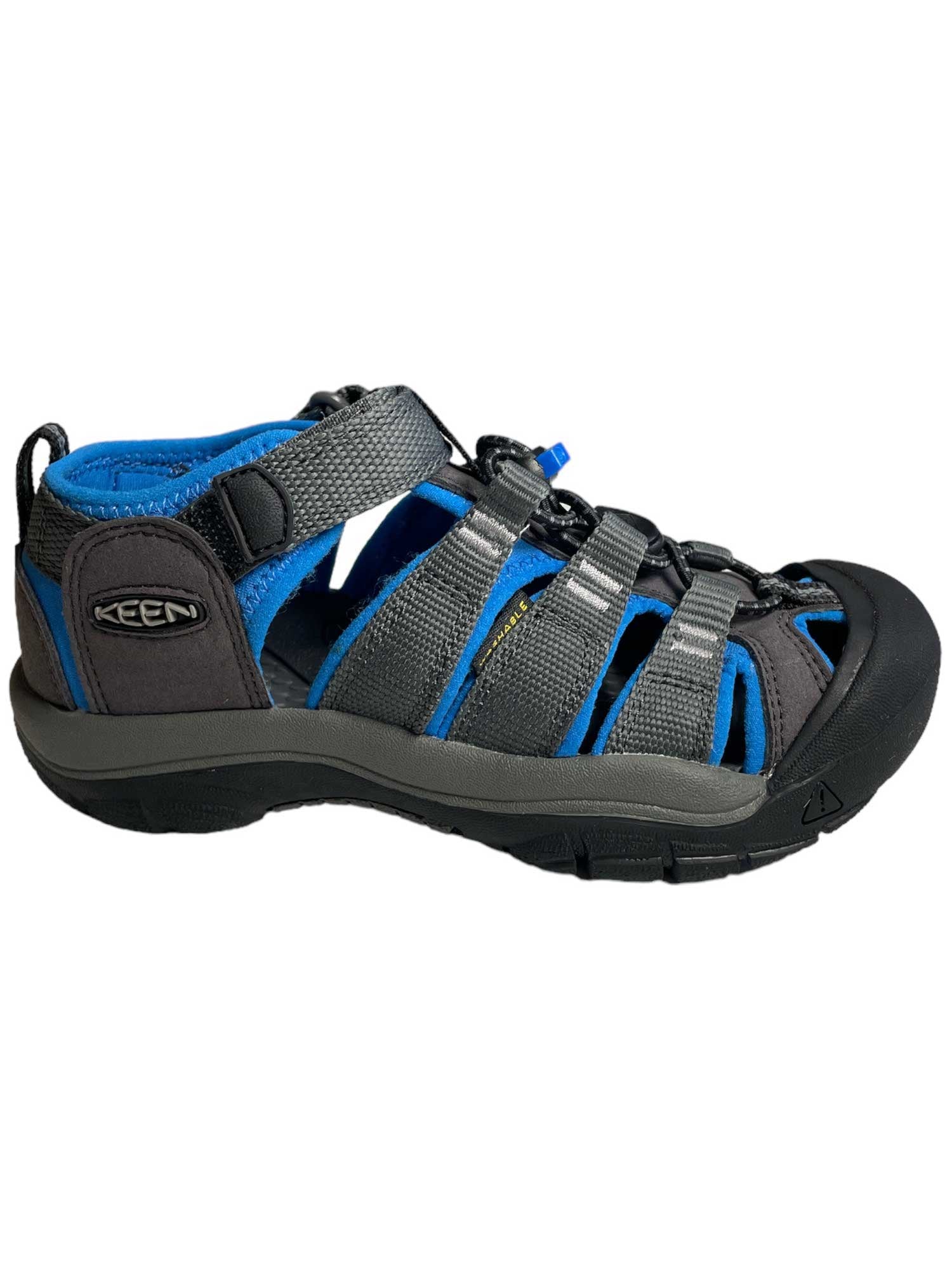 A KEEN Kids Newport H2 Water Sandal with toe protection, grey and black straps, blue padding, and a bungee lacing system is shown from the side on a white background.