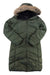 The Womens Montreaux Down Coat is a long, olive green insulated Marmot coat for women, featuring quilted stitching, faux fur-trimmed hood, and front zipper closure, shown on a white background.