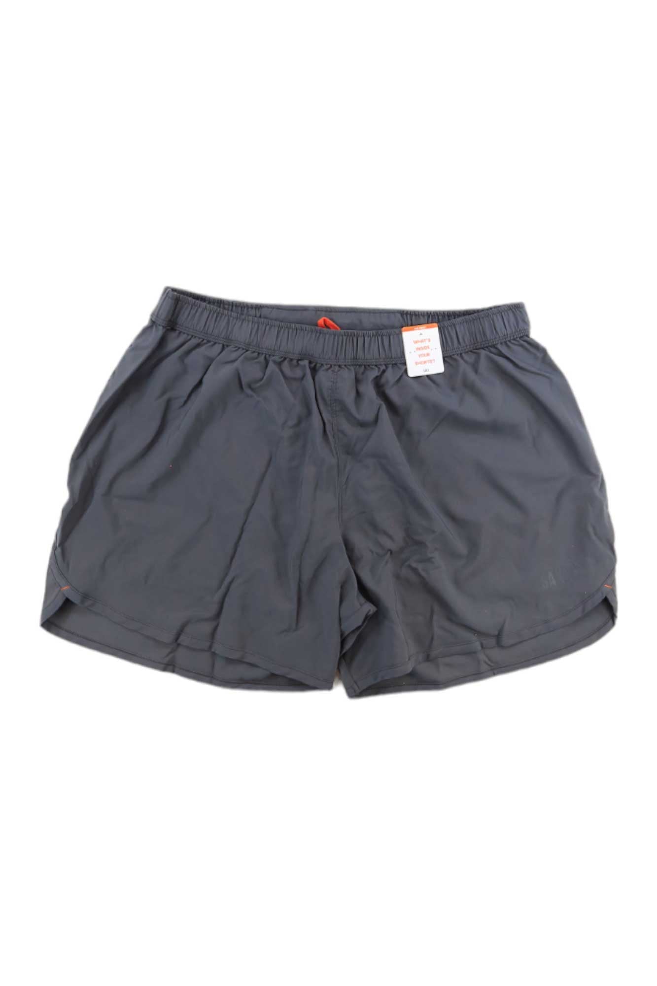 The SAXX Men's Hightail 2N1 5 Inch Short is a pair of dark gray men's running shorts with an elastic waistband, white front tag, relaxed fit, subtle seam details, and moisture-wicking fabric for comfort.