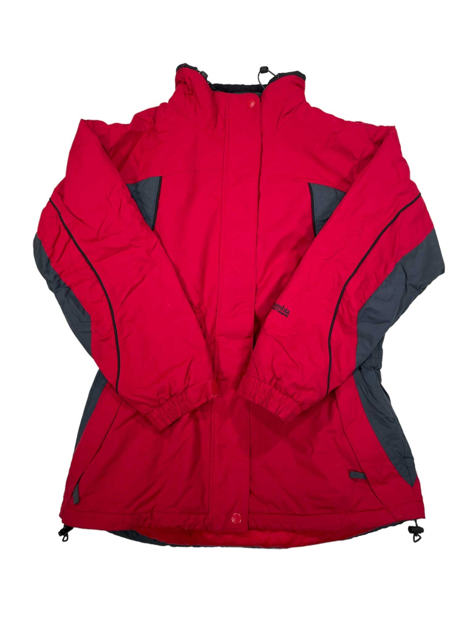 The Columbia Womens Old School Ski Jacket in red with gray accents features a high collar, front zipper, elastic cuffs, and drawstring hem. This insulated jacket is shown against a white background.