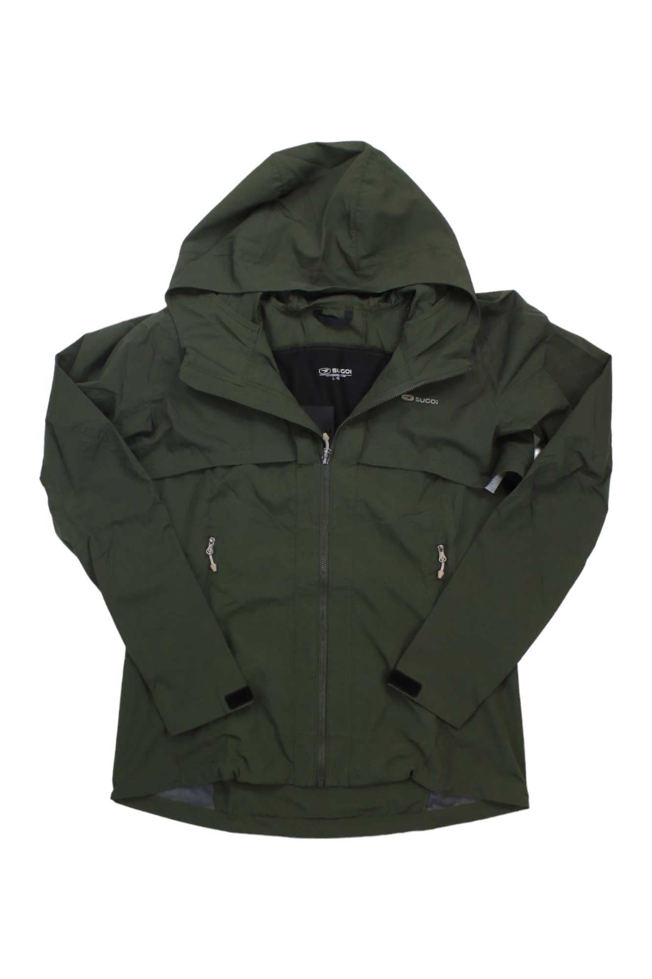 The Sugoi Womens Versa II Jacket in dark green features a front zipper, two zippered side pockets, and long sleeves. Laid flat on a white background, this breathable running jacket combines comfort and style for active women.