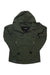The Sugoi Womens Versa II Jacket in dark green features a front zipper, two zippered side pockets, and long sleeves. Laid flat on a white background, this breathable running jacket combines comfort and style for active women.