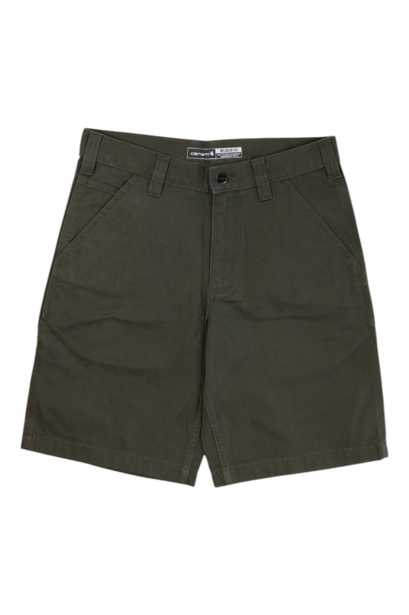 The Carhartt Men's Rugged Flex Relaxed Fit Canvas Work Short in olive green features front pockets, belt loops, and a button-zip closure, built for outdoor work with rugged flex durability, shown laid flat on a white background.