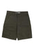 The Carhartt Men's Rugged Flex Relaxed Fit Canvas Work Short in olive green features front pockets, belt loops, and a button-zip closure, built for outdoor work with rugged flex durability, shown laid flat on a white background.