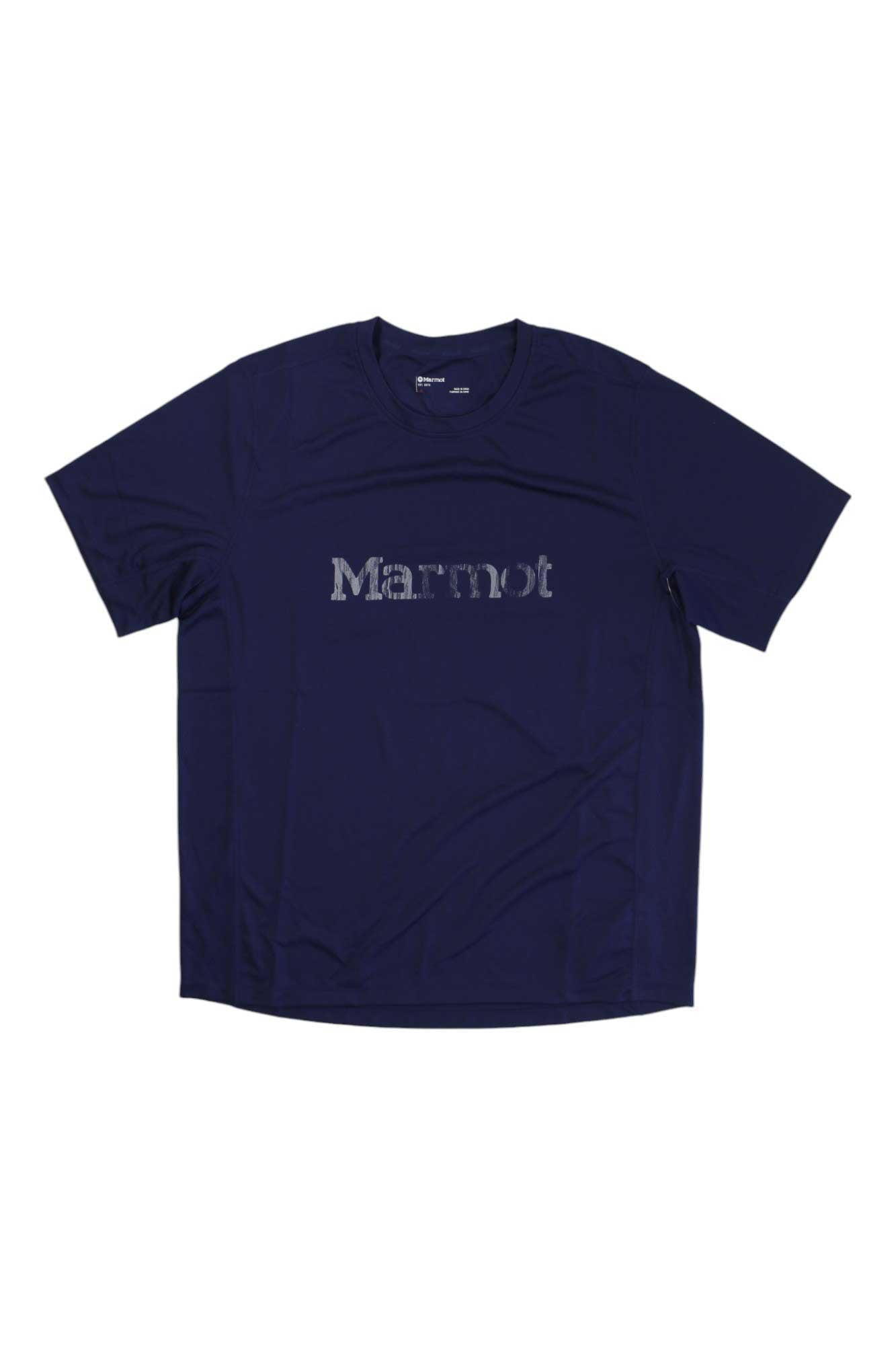 Men's navy short-sleeve crewneck t-shirt with Marmot logo on chest