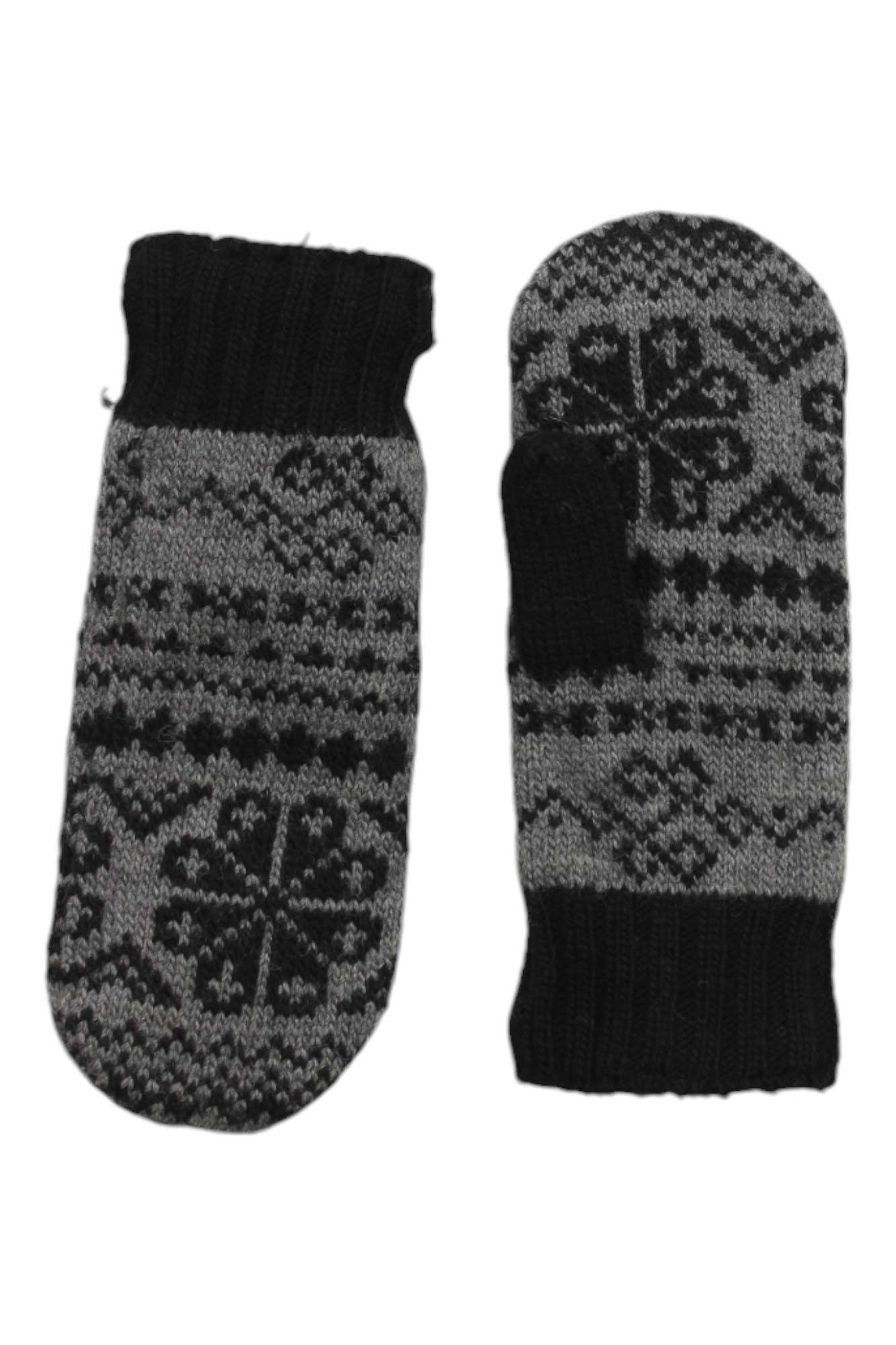The Lost Horizons Women's Eva Mitten features black and gray geometric and snowflake designs inspired by traditional Tibetan patterns, displayed from both sides against a white background.