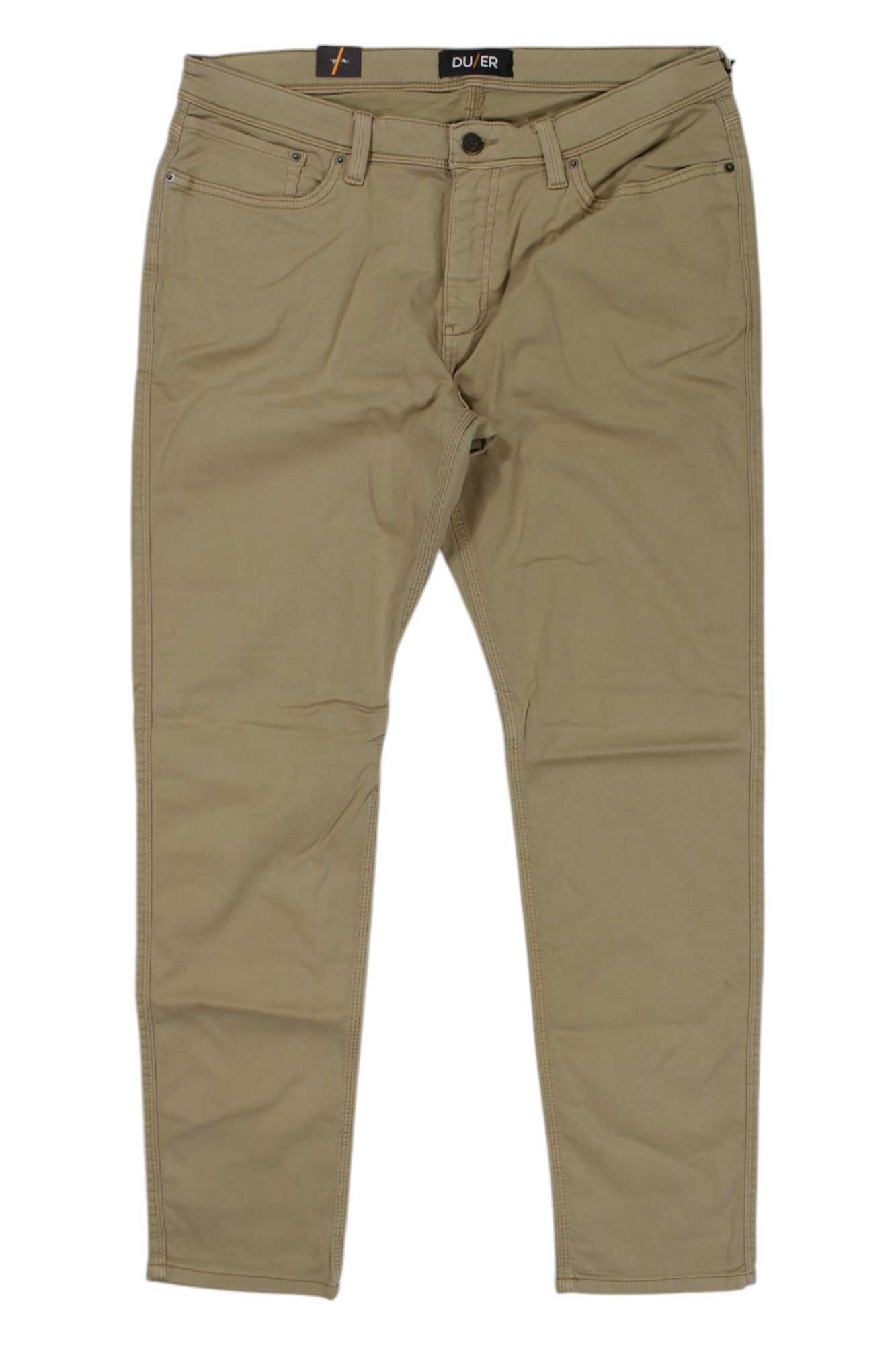 Tan DU/ER Mens No Sweat Slim Fit Pant laid flat, made with eco-friendly materials and moisture-wicking properties for all-day comfort.