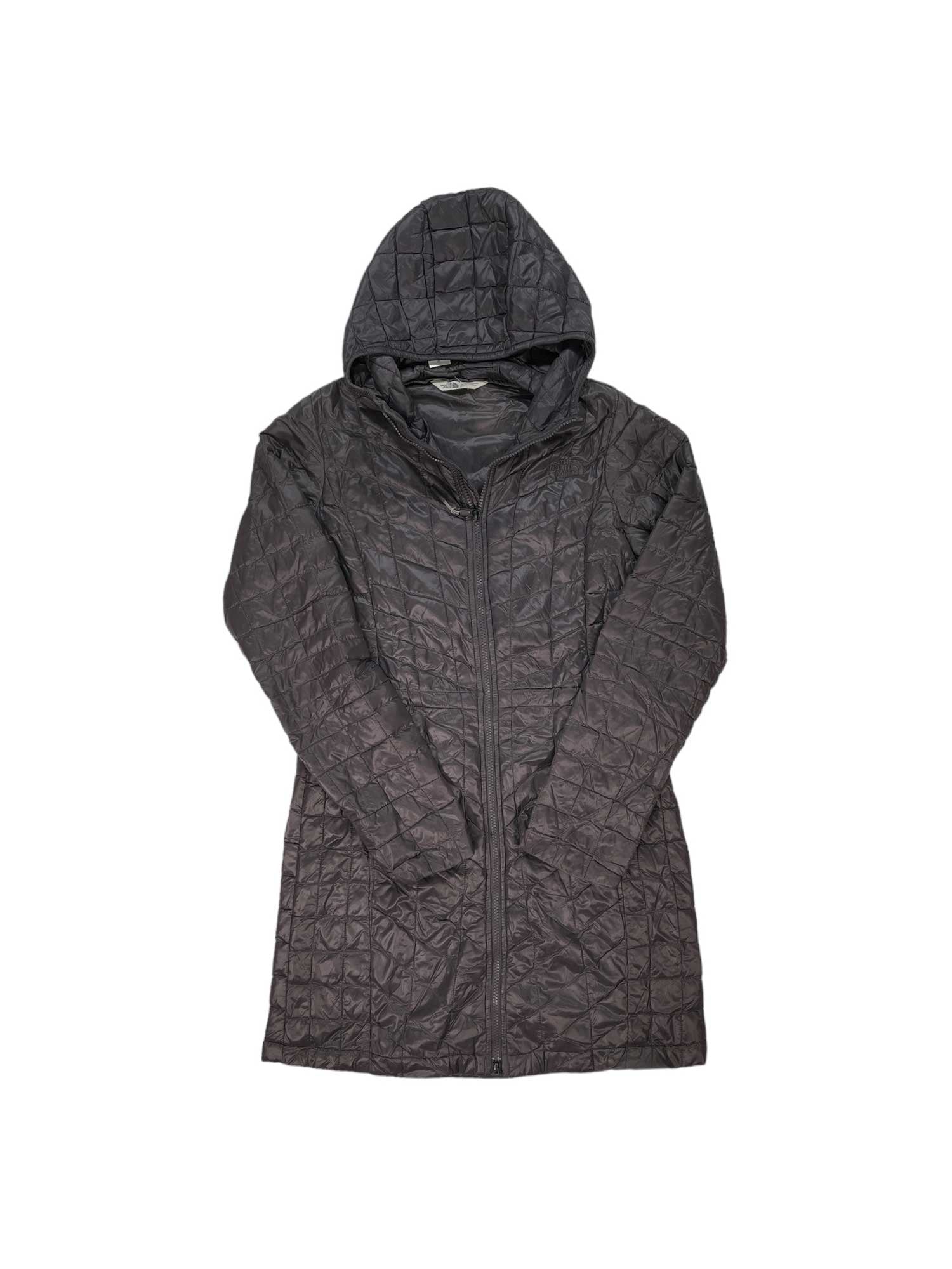 Dark insulated parka with hood, full zip front, and quilted diamond pattern.