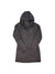 Dark insulated parka with hood, full zip front, and quilted diamond pattern.