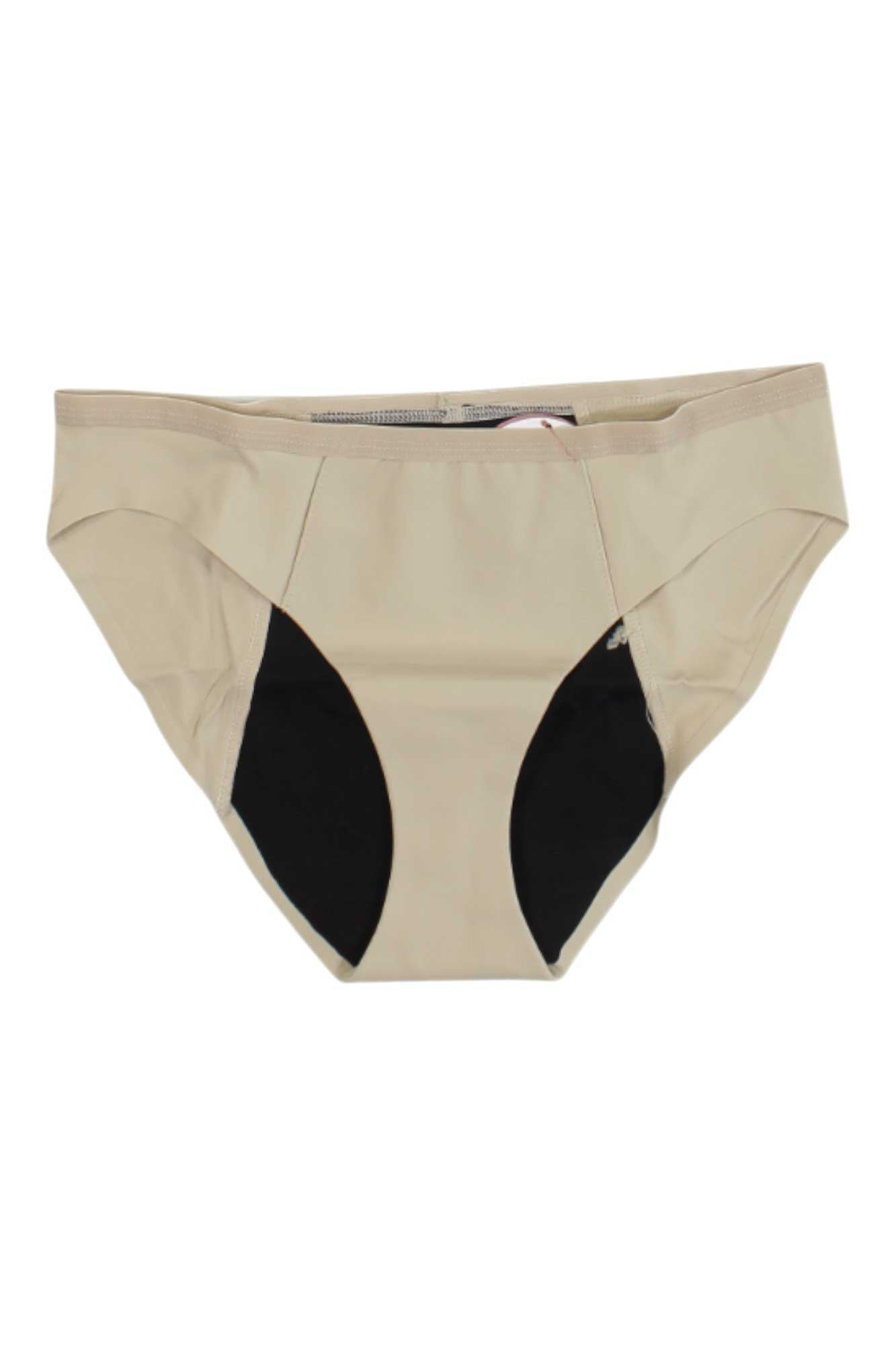 The Proof Womens Period & Leak Proof Bikini in beige features black absorbent panels for menstrual or incontinence protection. This leak-proof underwear is shown on a plain white background.
