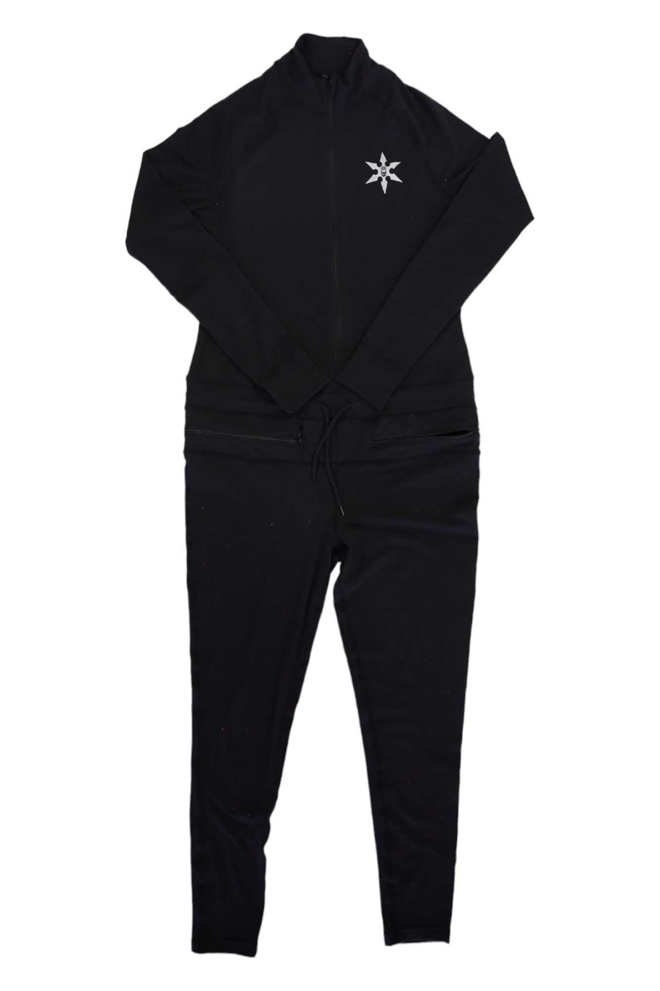 The Airblaster Womens Hoodless Ninja Suit is a black, long-sleeve, full-length zip-up jumpsuit with a white star logo on the left chest, made from 4-way stretch fabric for comfort and flexibility, shown laid flat on a white background.