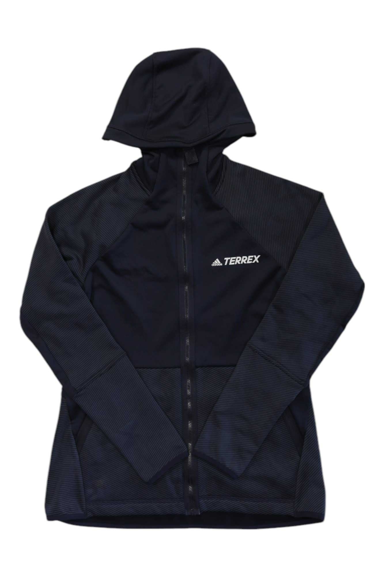 The Adidas Womens Terrex Tech Flooce Hooded Jacket is a black fleece jacket with a hood, full front zipper, long sleeves, and a white Terrex logo on the left chest. The jacket is displayed flat on a white background.