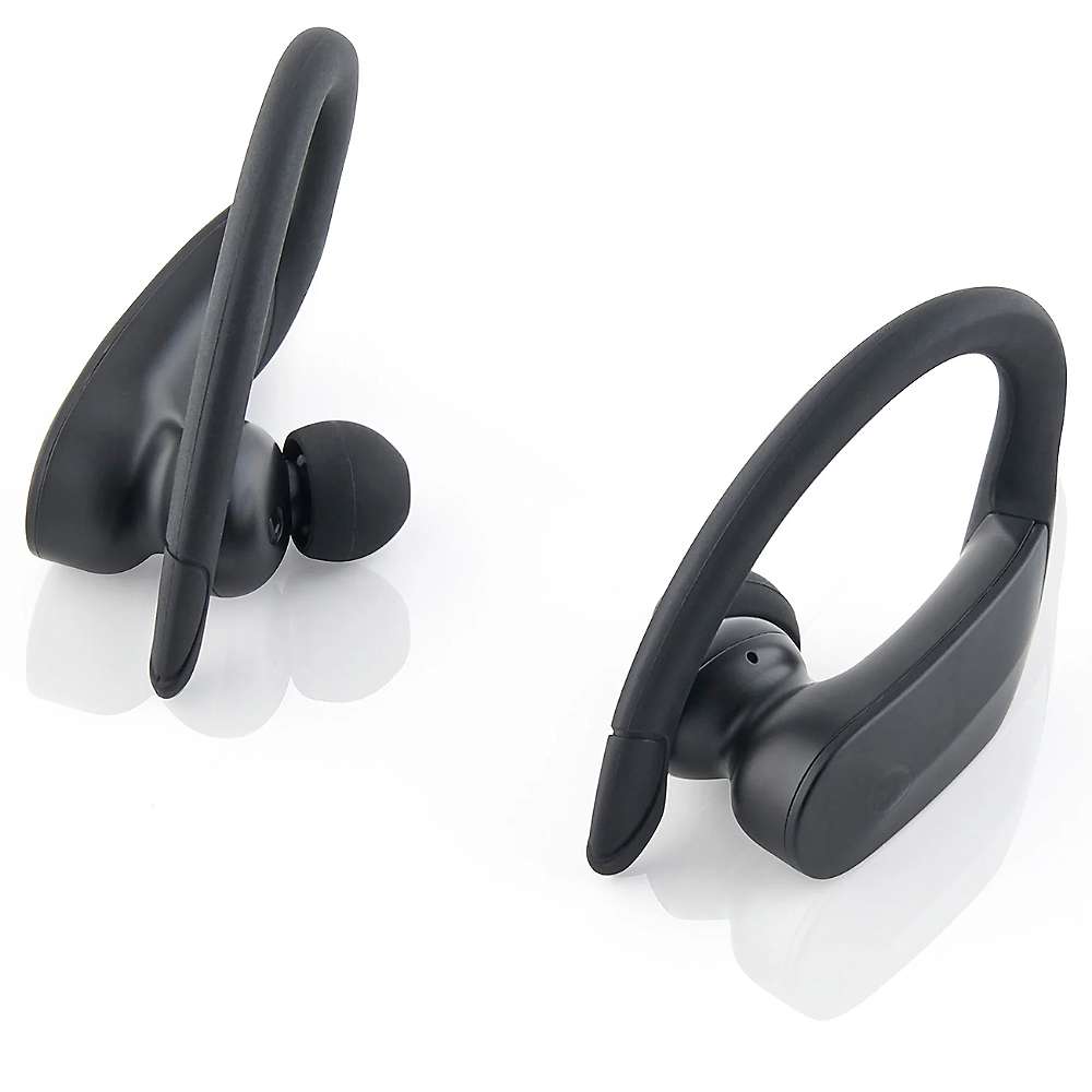 Black wireless sport earbuds with ear hooks, shown with two charging case parts
