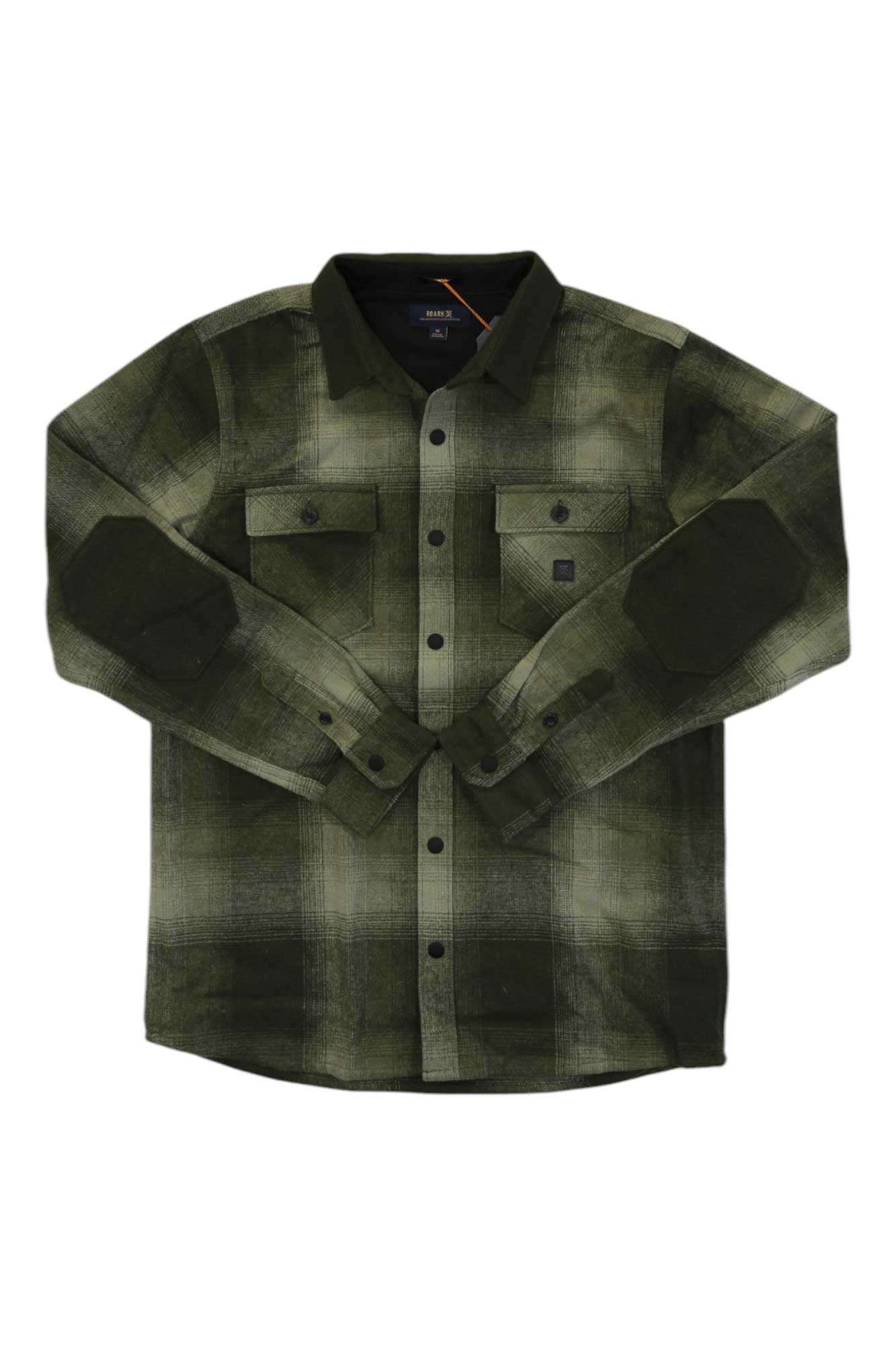 The Roark Mens Nordsman Shirt, a long-sleeve green and black plaid flannel with a collar and two chest pockets made from a wool blend, is laid flat on a white background.