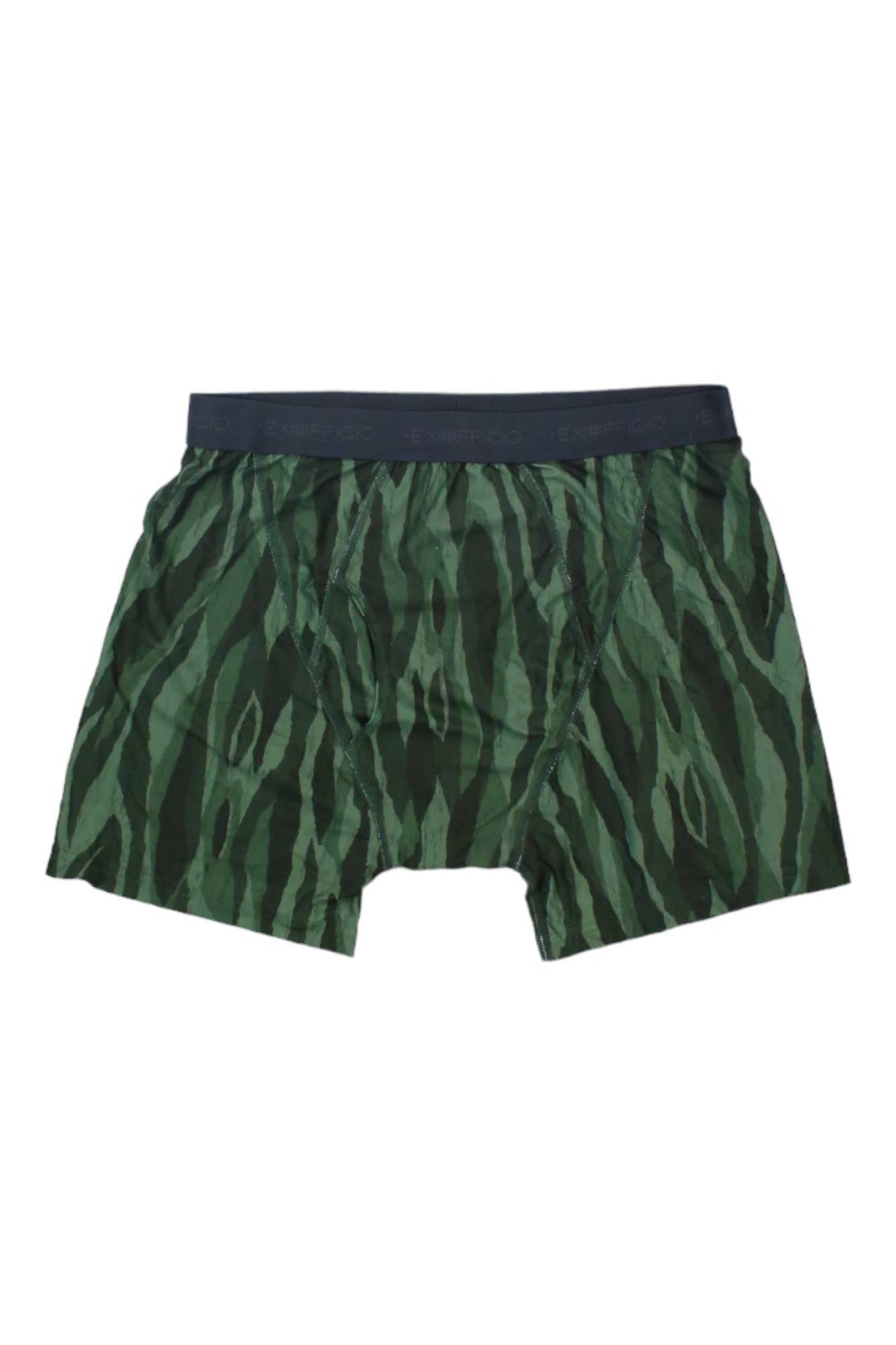 The ExOfficio Men's Give-N-Go 2.0 Boxer Brief, shown in green and black with zebra stripes and a dark waistband, features quick-drying, moisture-wicking fabric and is displayed on a white background.