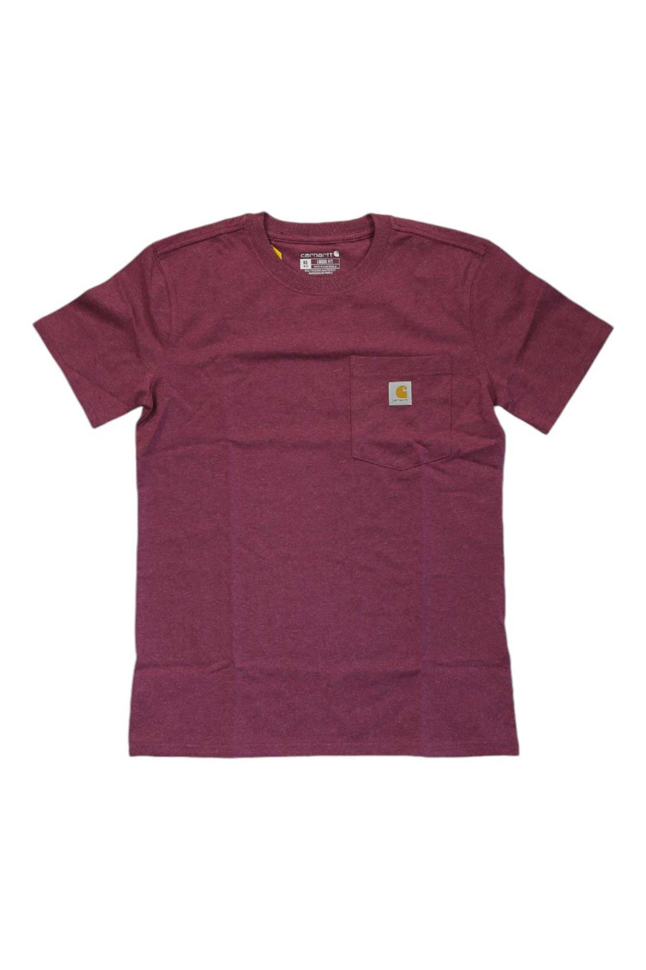 The Carhartt Womens WK87 Workwear Pocket SS T-Shirt is a plain maroon short-sleeve t-shirt with a left chest pocket and small square Carhartt logo patch, shown laid flat on a white background.