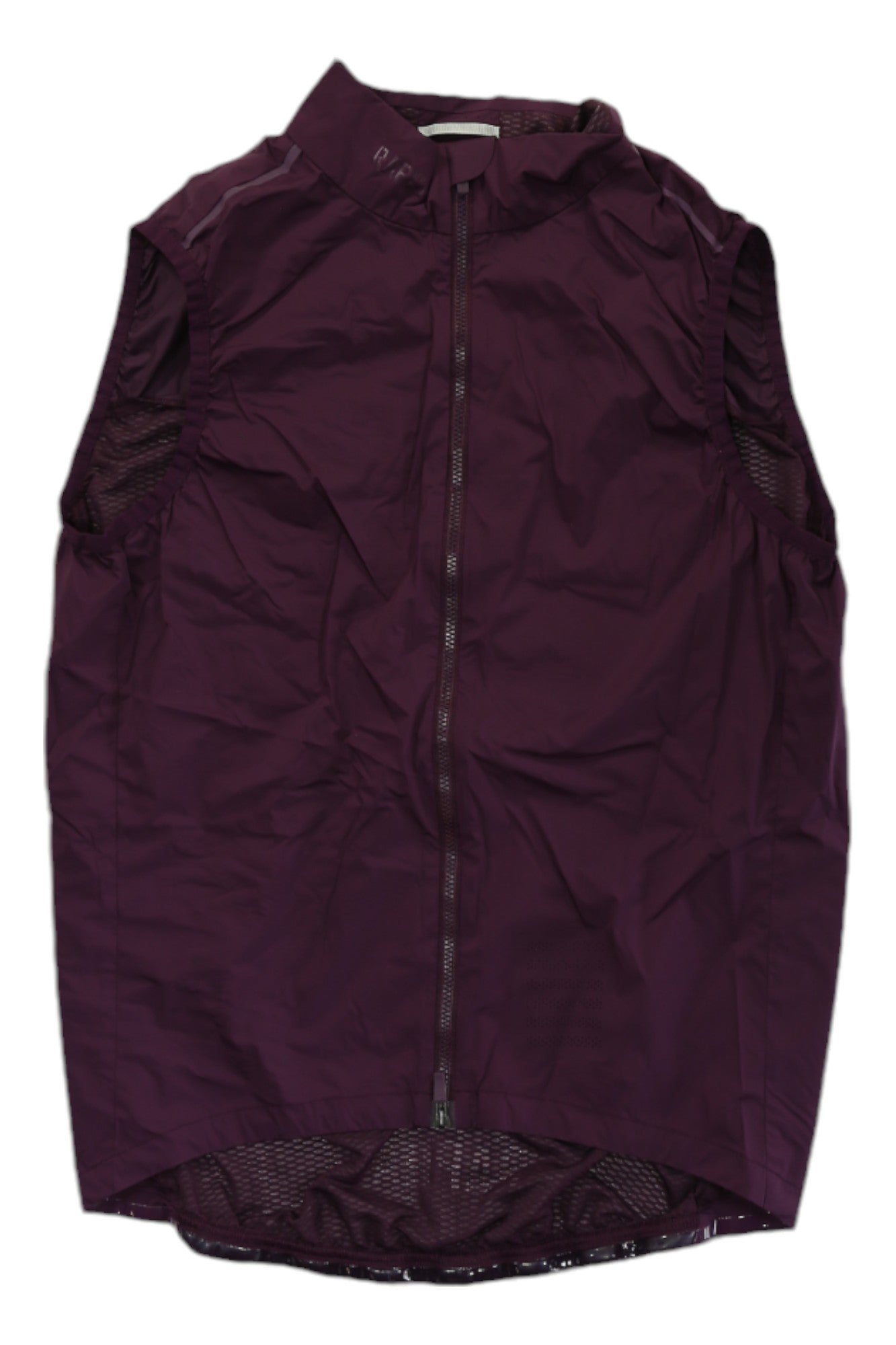 The Rapha Classic Gilet is a sleeveless, dark purple vest with a high collar and mesh side panels, made from lightweight, durable fabric—perfect for outdoor adventures.