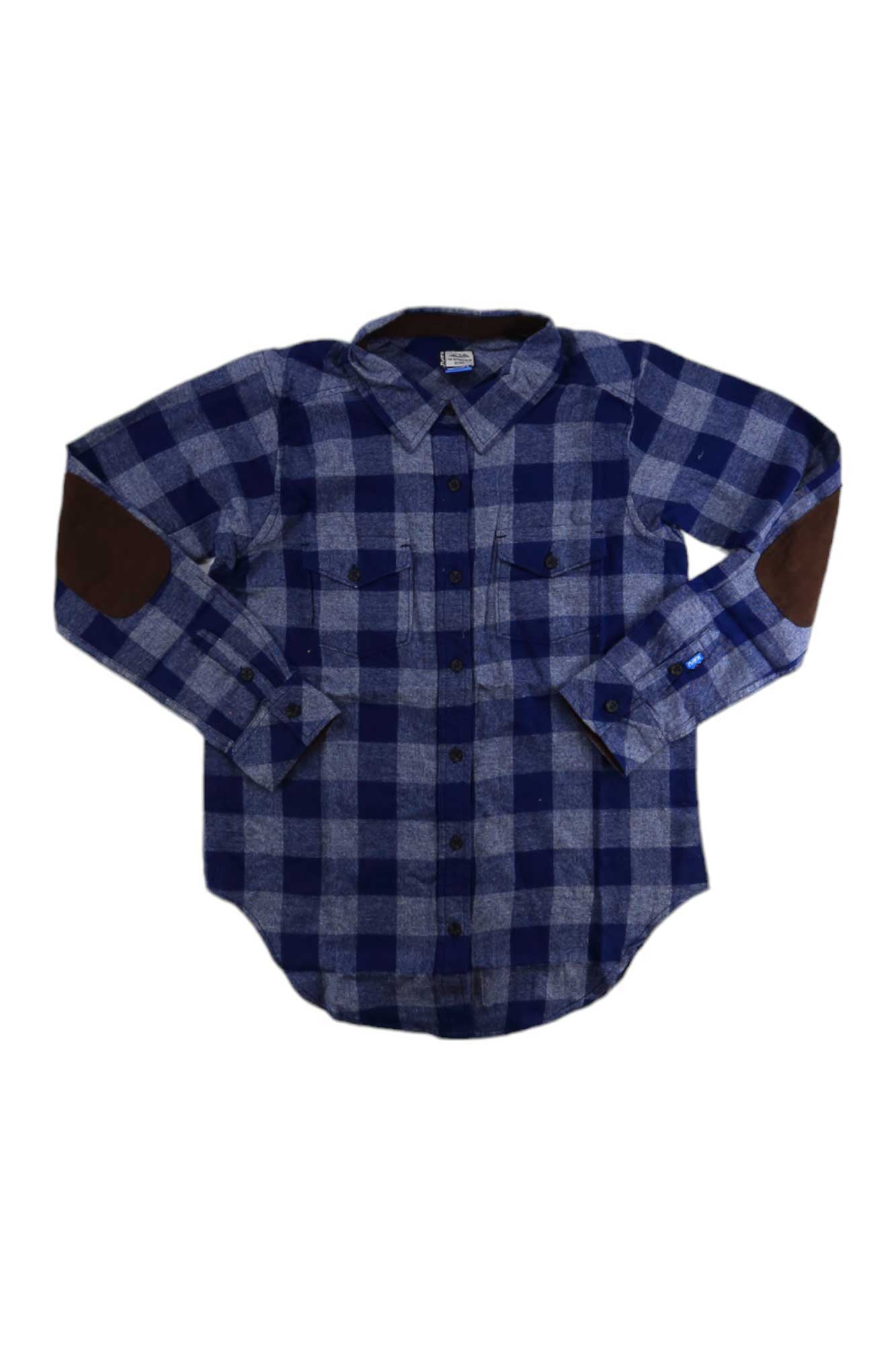 Women’s blue plaid long-sleeve button-up shirt with button front
