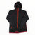 The Mammut Womens Schneefield Fleece Jacket is a black hooded outdoor jacket with red trim and an orange zipper. Made with Polartec thermal fleece, it features two zippered side pockets and a subtle chest logo, shown flat on a white background.