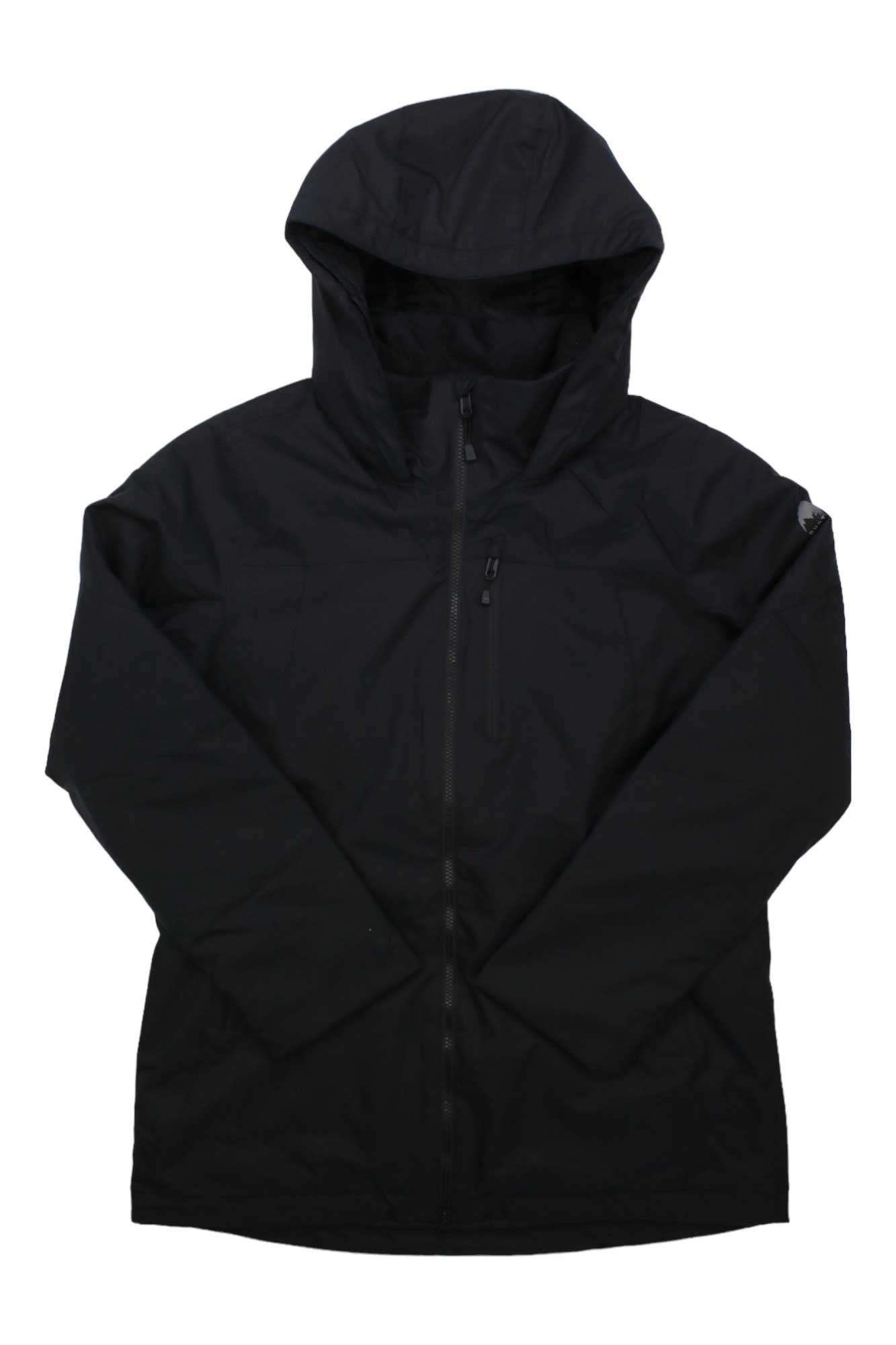 The Burton Womens Lelah Jacket is a black waterproof ski jacket with long sleeves, a front zipper, a zippered chest pocket, and a subtle logo on the upper left sleeve, shown laid flat on a white background.