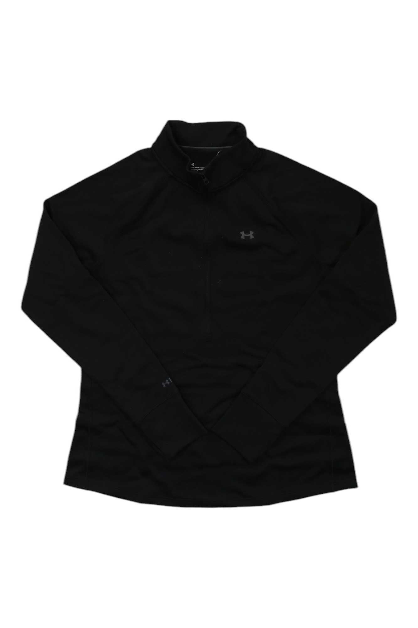 The Under Armour Womens Packaged Base 4.0 1/2 Zip Top is a black, long-sleeve pullover with a left-chest logo, displayed on a white background. Its moisture-wicking fabric makes it ideal activewear for cool weather.