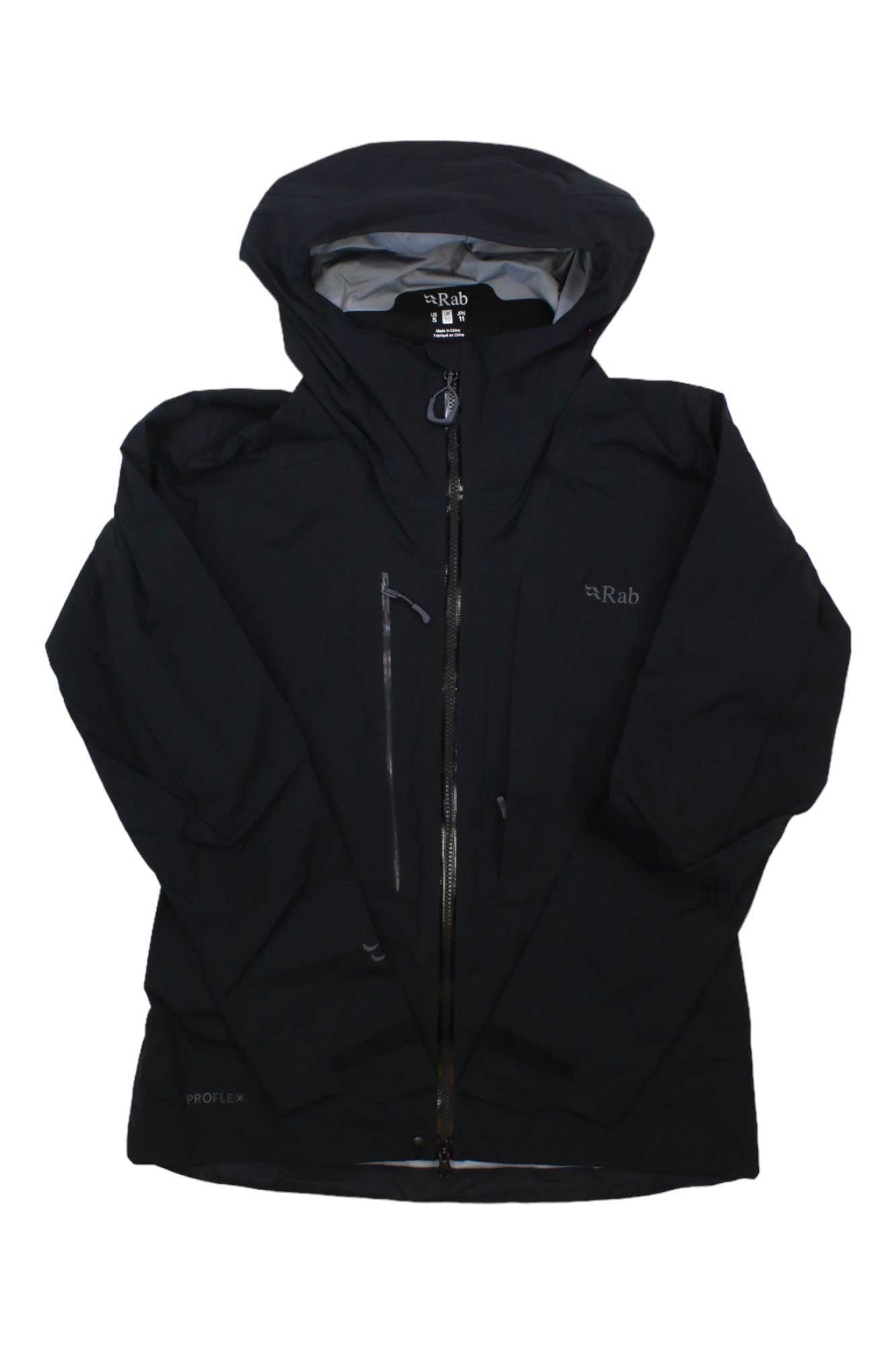 Black hooded full-zip jacket with central zipper, side pockets, Rab logo
