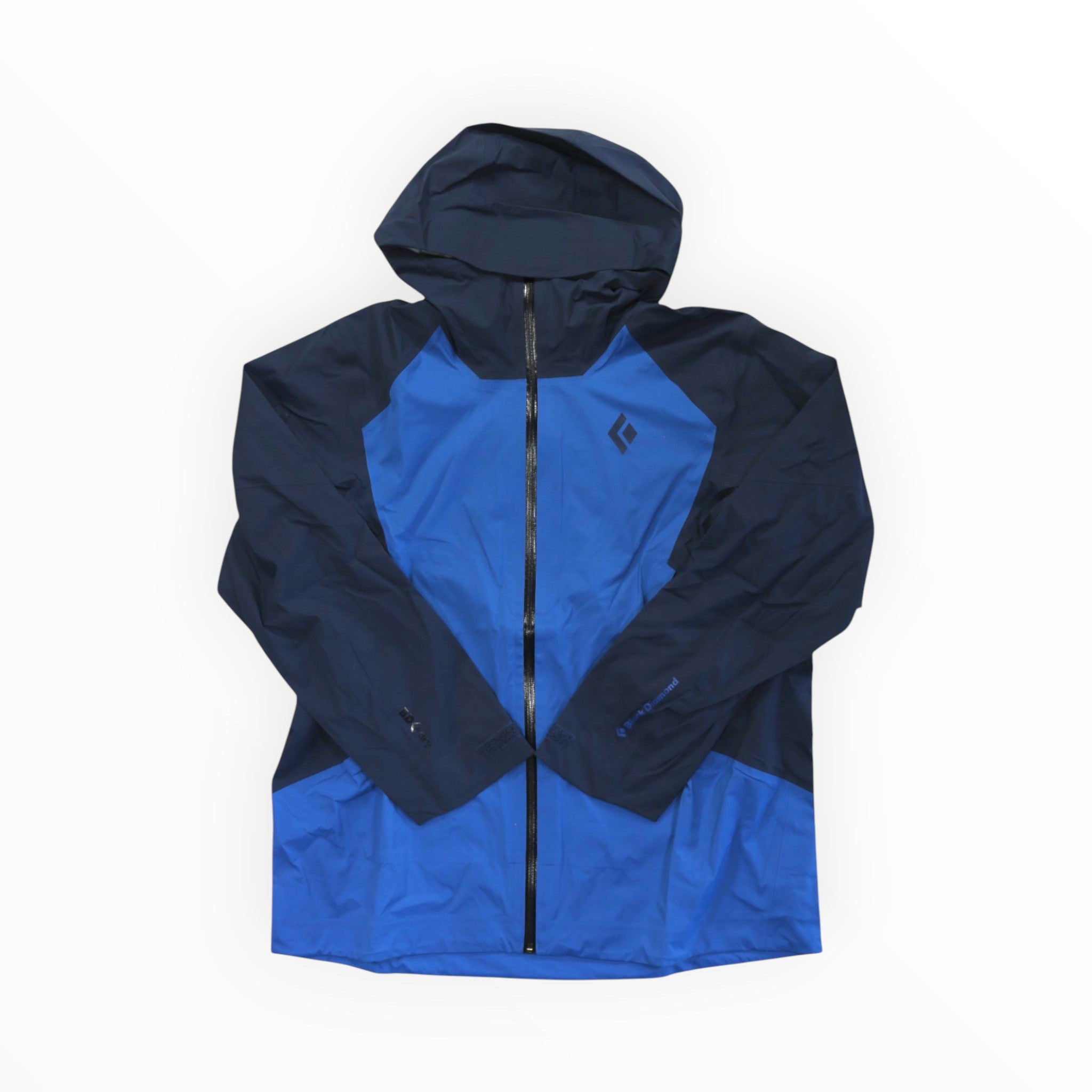 A Black Diamond Mens Recon Stretch Lt Shell Jacket in blue and navy with a front zipper, long sleeves, and a small left chest logo is laid flat on a white background. This jacket is waterproof and breathable.