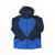 A Black Diamond Mens Recon Stretch Lt Shell Jacket in blue and navy with a front zipper, long sleeves, and a small left chest logo is laid flat on a white background. This jacket is waterproof and breathable.