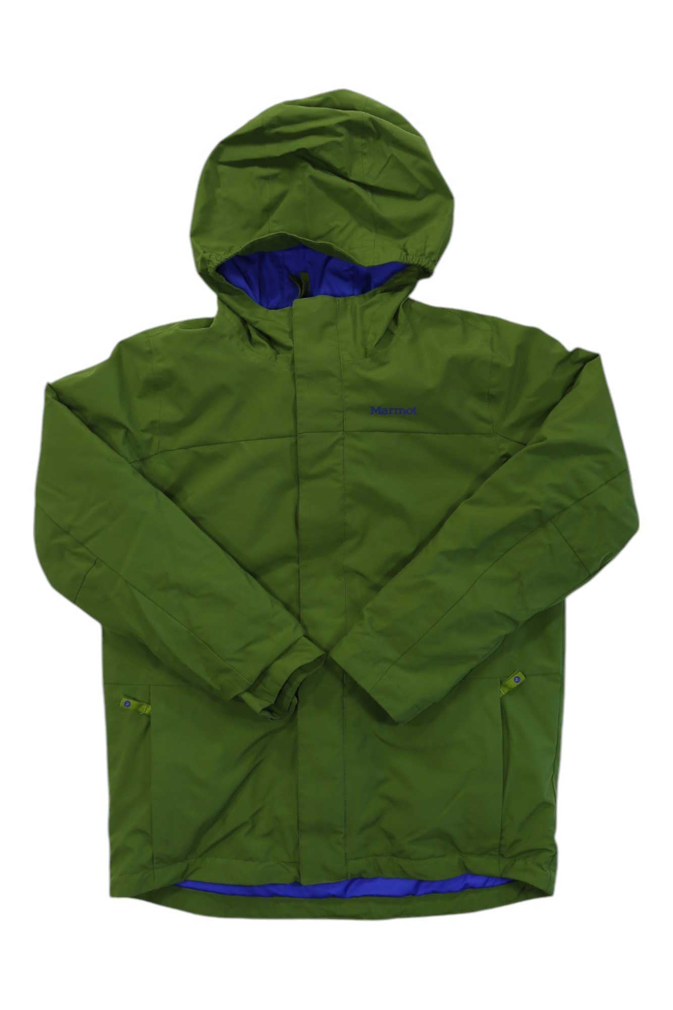 Kids Terrain comp jacket, hooded front-zip; green with blue trim at hem and hood.