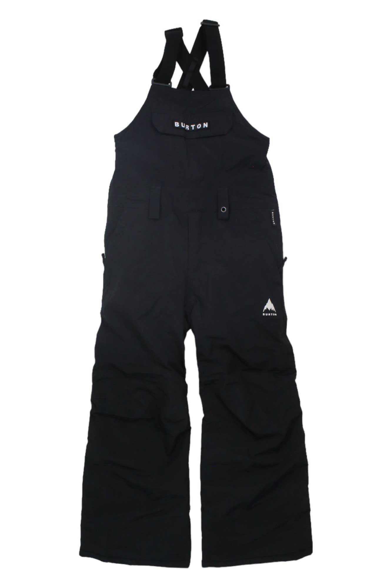 The Burton Boys Juniors Skylar Bib Pants feature adjustable shoulder straps, a front chest pocket with the Burton logo, and two side pockets. These insulated pants are ideal kids' snow gear for winter sports.