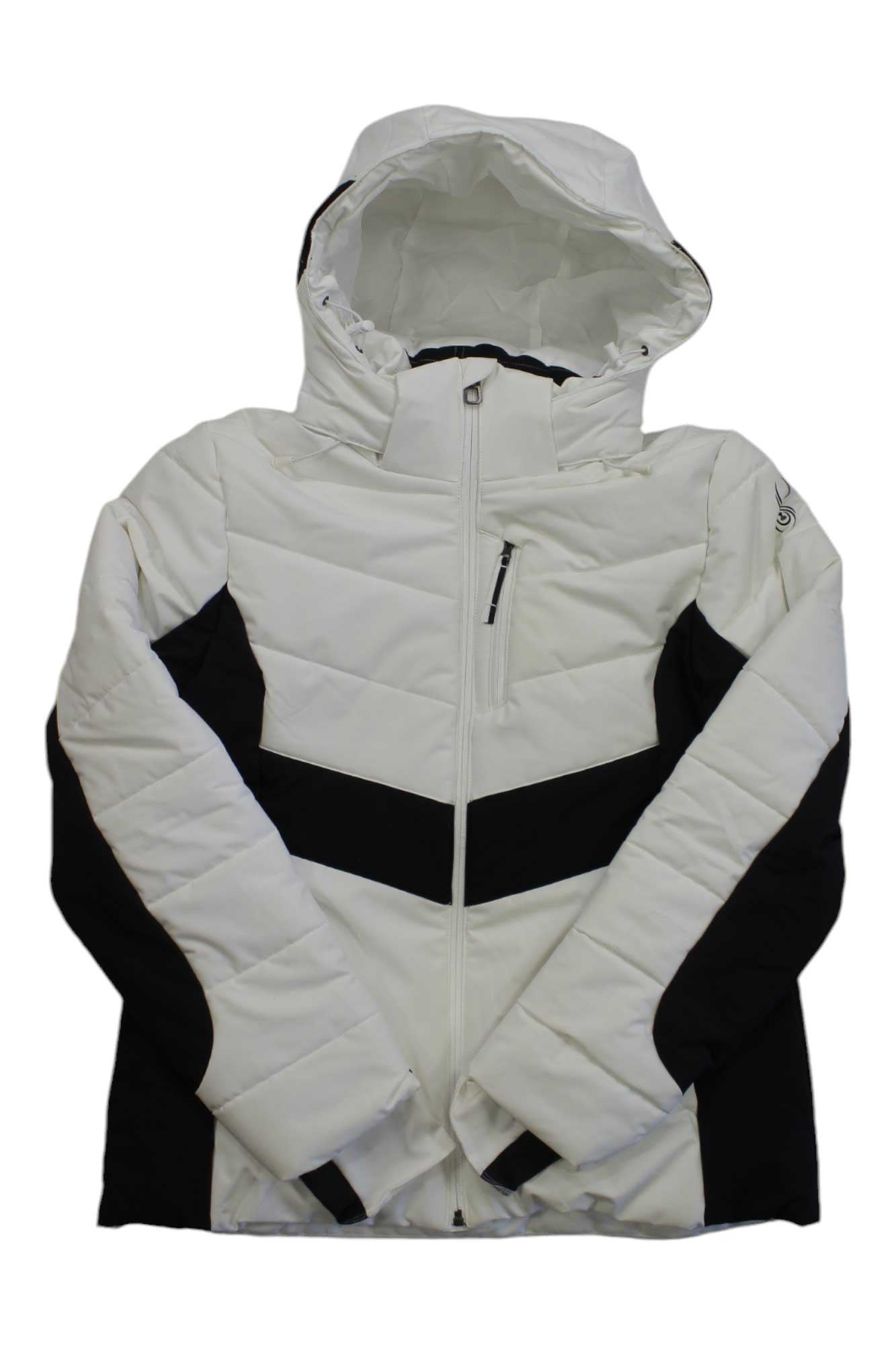 The Womens Haven Jacket is white with black side and arm accents, featuring EXO Shield 3-Layer laminate, a hood, front zipper, PrimaLoft insulation, and a zippered chest pocket for extra functionality.