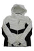 The Womens Haven Jacket is white with black side and arm accents, featuring EXO Shield 3-Layer laminate, a hood, front zipper, PrimaLoft insulation, and a zippered chest pocket for extra functionality.