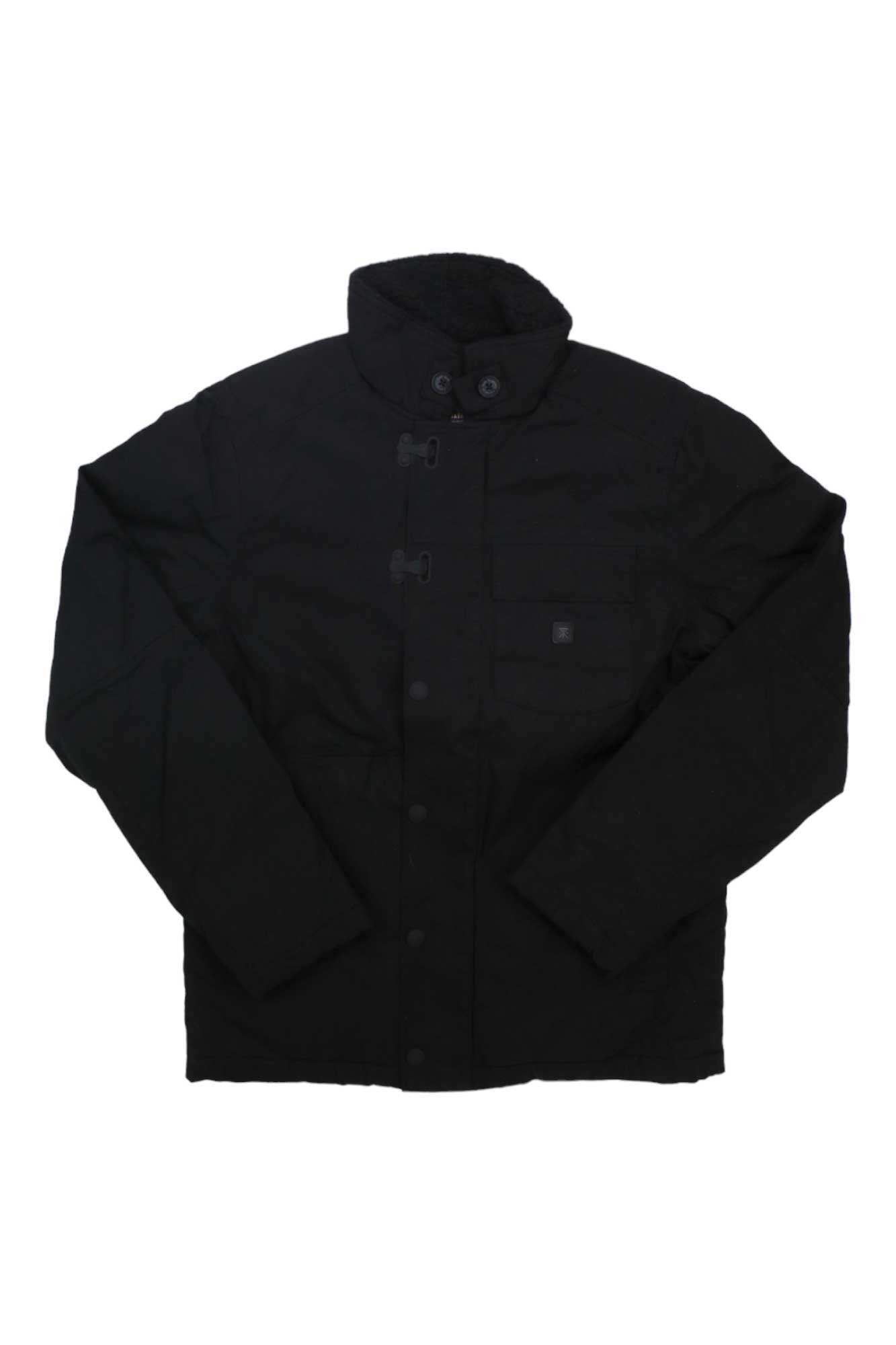 The Roark Mens Axeman Jacket, shown in black with long sleeves, a standing collar, front buttons, toggle closures, and a chest pocket, is laid flat on a white background.