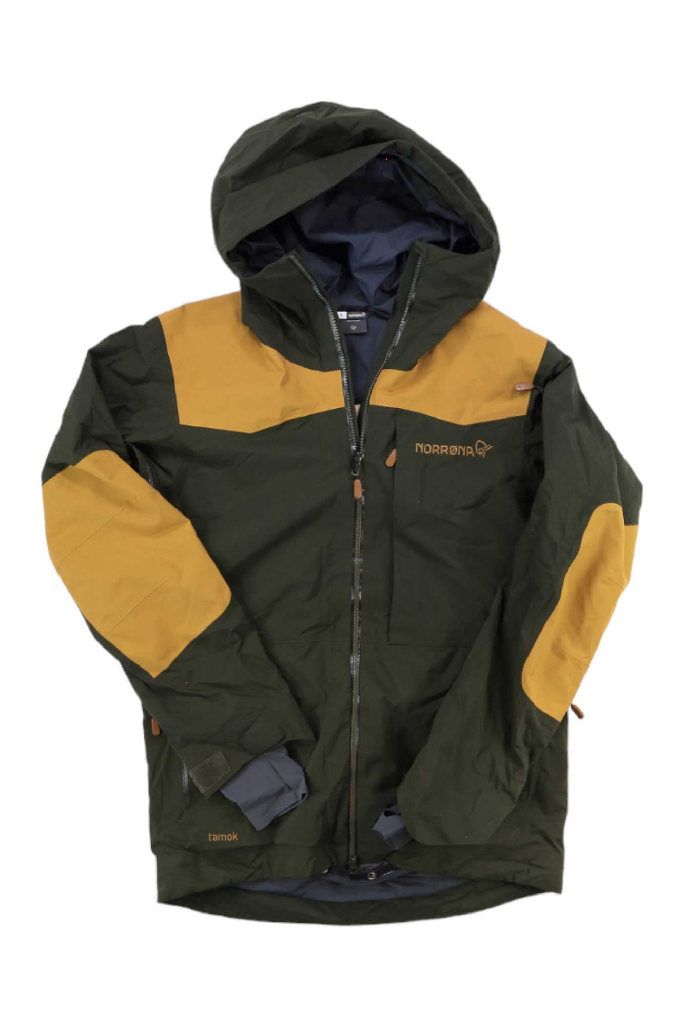 The Norrona Mens Tamok GTX Jacket is green with yellow accents on the shoulders, elbows, and cuffs. It features a front zipper, chest pocket, Gore-Tex protection, and Norrøna branding on the left chest.