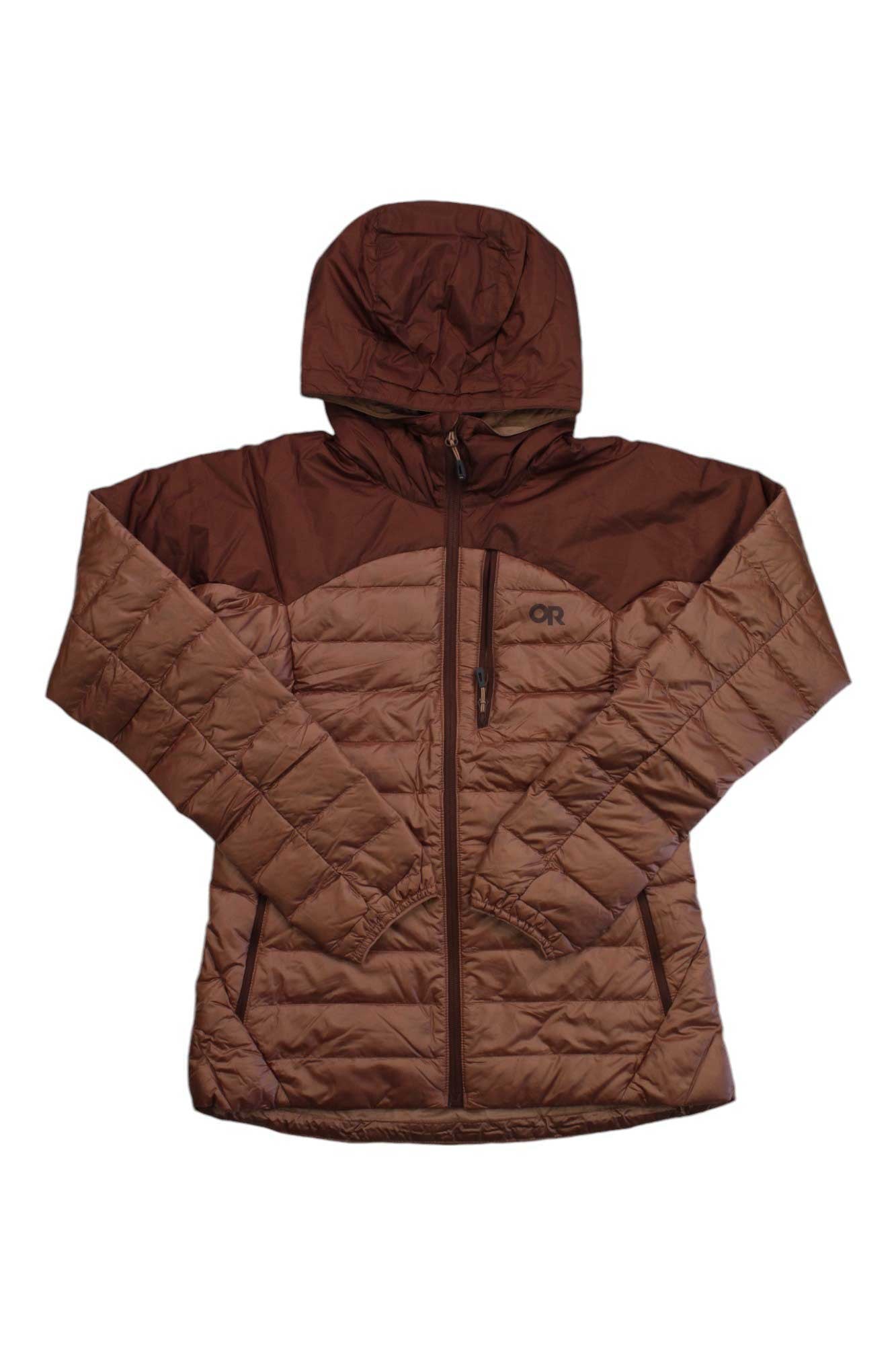 Brown hooded down puffer jacket with full-length front zipper and drawstring hood