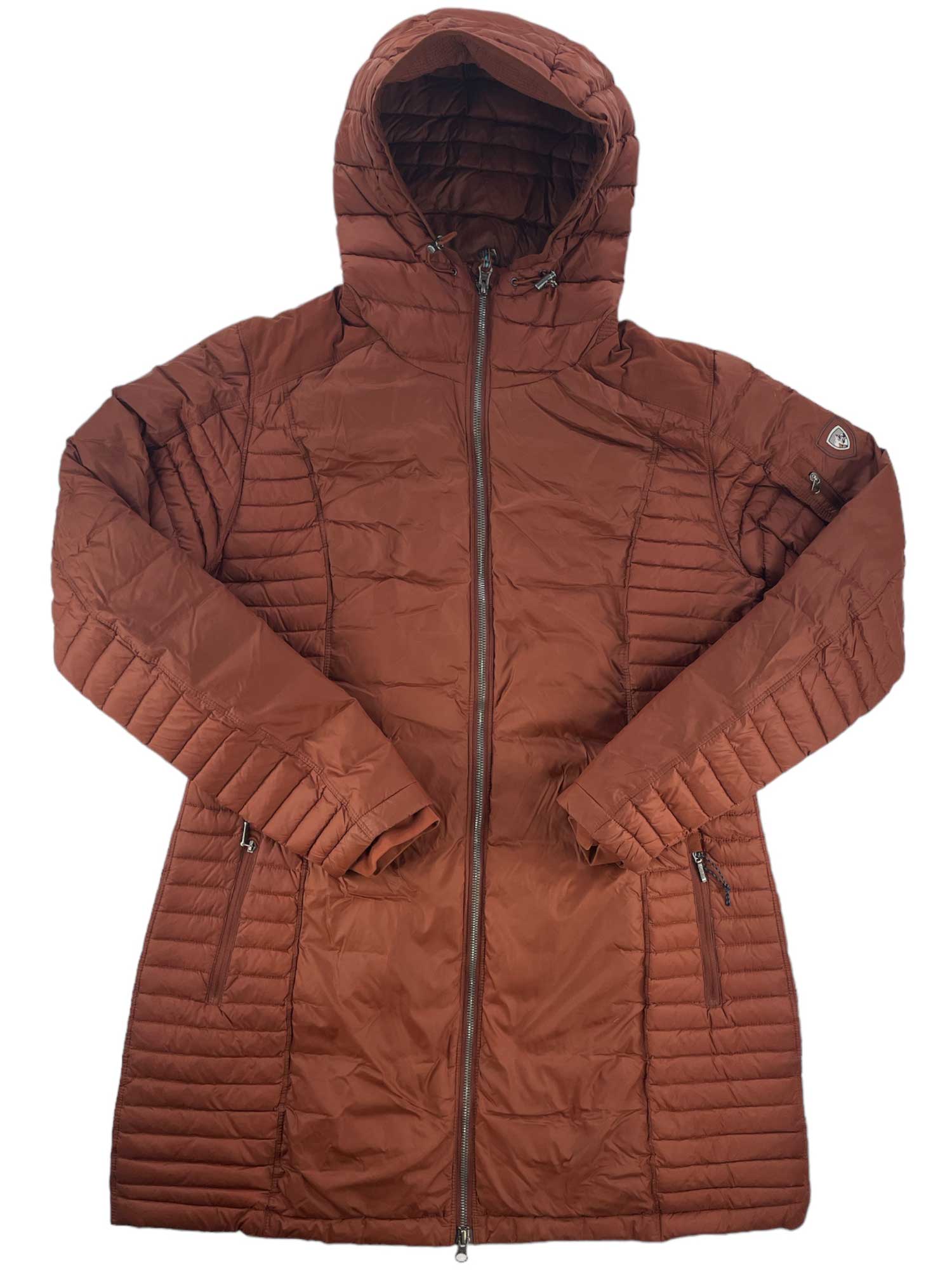 A rust-colored women's Spyfire Down Parka with a hood, front zipper, and two zippered side pockets. This insulated jacket features horizontal and vertical stitching for a fitted, modern look.