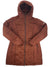 A rust-colored women's Spyfire Down Parka with a hood, front zipper, and two zippered side pockets. This insulated jacket features horizontal and vertical stitching for a fitted, modern look.
