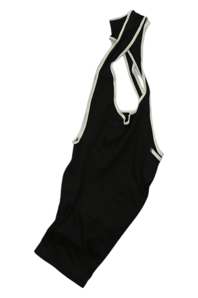 A black racerback athletic singlet with white trim and sleeveless cut is laid flat on a white background—ideal for pairing with Mens Bib Shorts.