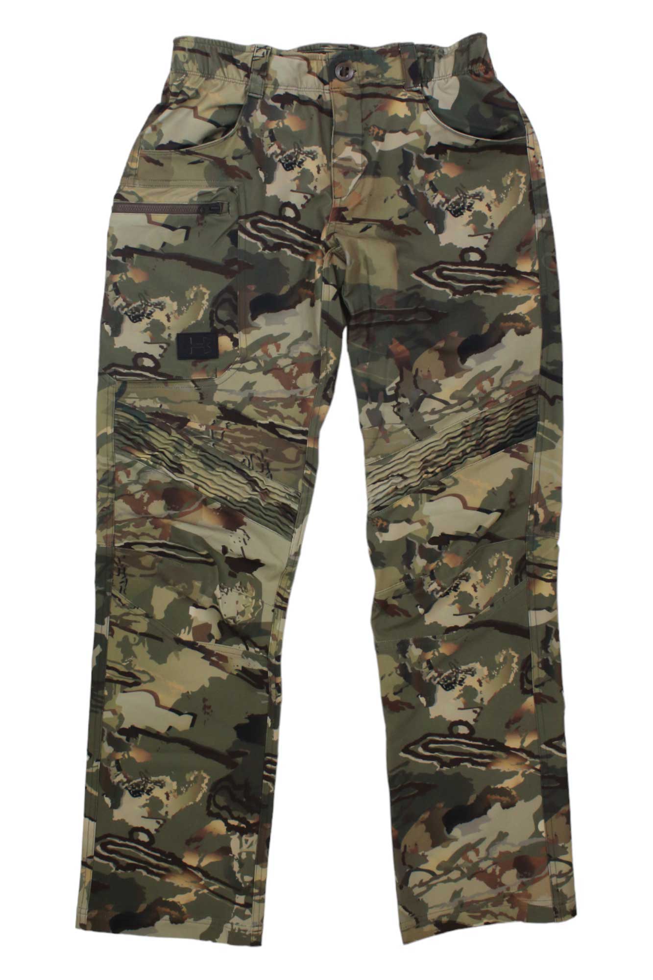 The Under Armour Women's Hardwoods Straight Leg Pant features a camouflage pattern, water-resistant fabric, multiple pockets, and a button closure, shown laid flat on a white background.