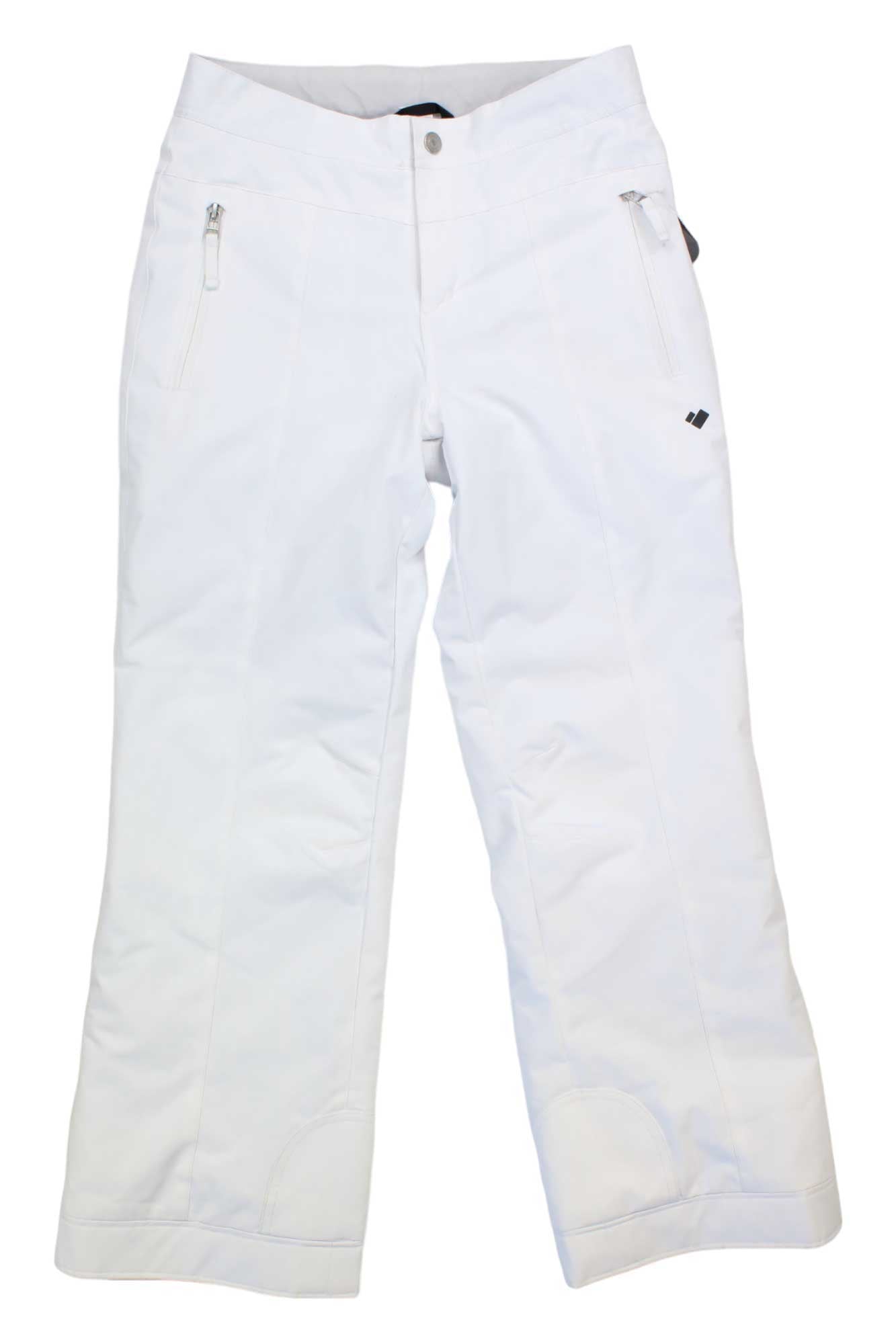 The Obermeyer Girls Brooke Pant in white features an adjustable waist, two zippered pockets, waterproof fabric, and reinforced cuffs, shown laid flat on a white background.