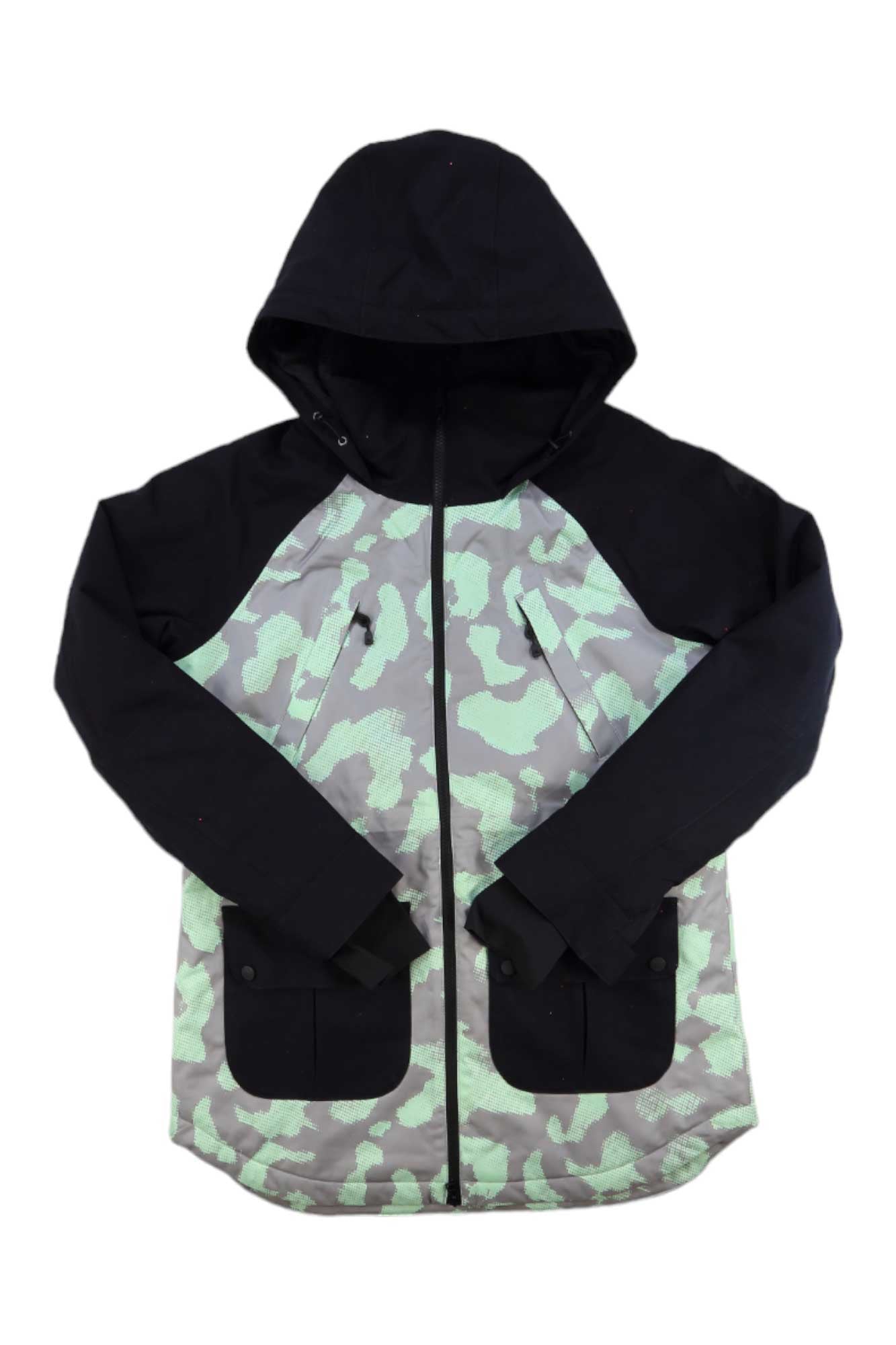 The Burton Womens Prowess Jacket features black sleeves, hood, and shoulders, with a green and gray camo body. It includes THERMOLITE insulation, two chest zippers, two front flap pockets, and is pictured laid flat on a white background.