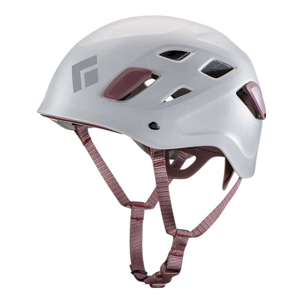Black Diamond Half Dome helmet in light gray with maroon chin straps and vents