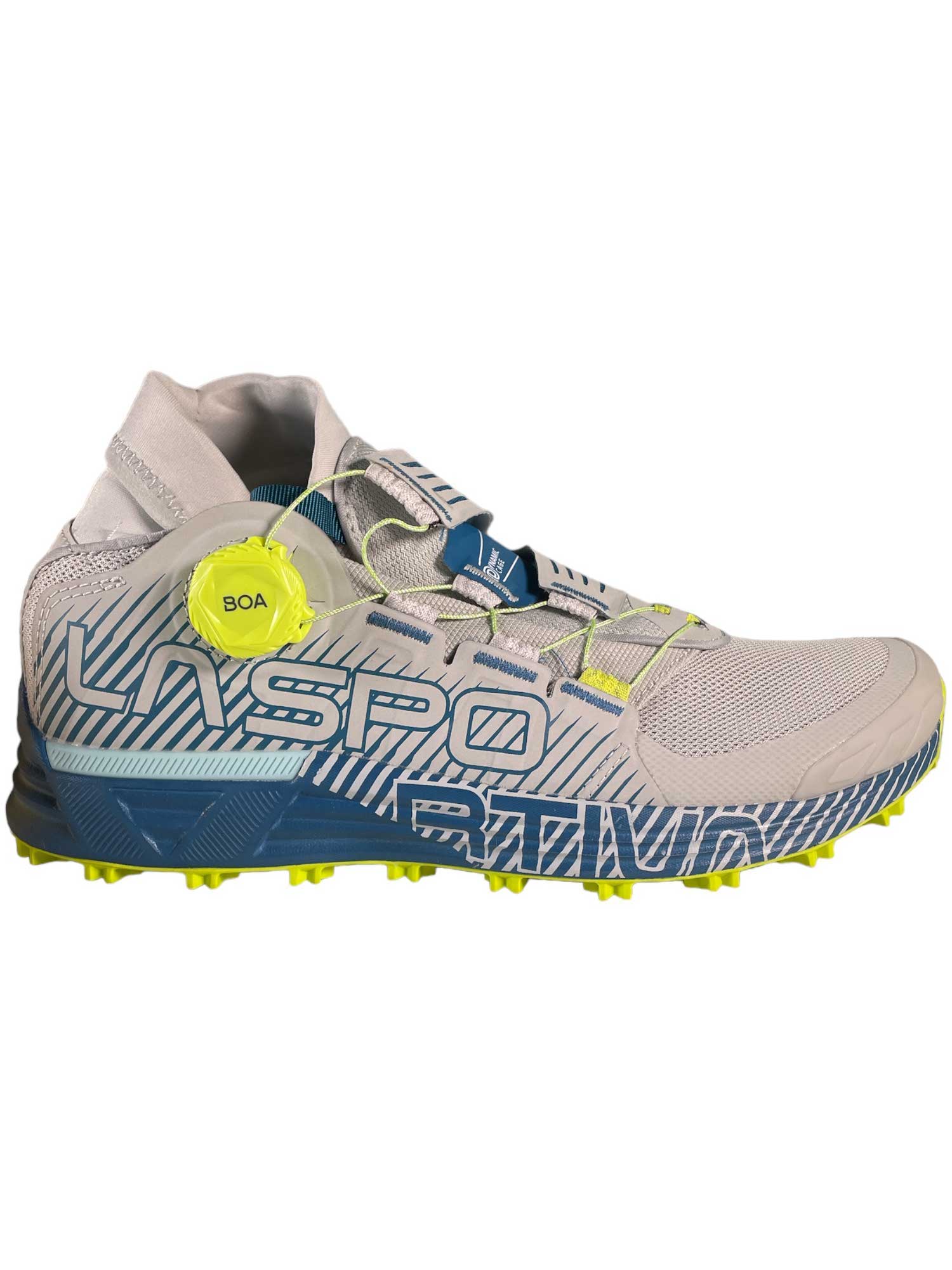 The La Sportiva Womens Cyklon Shoe is light gray with blue and neon yellow accents, LA SPORTIVA branding, a yellow BOA lacing dial, and aggressive yellow sole lugs for top traction on trails.