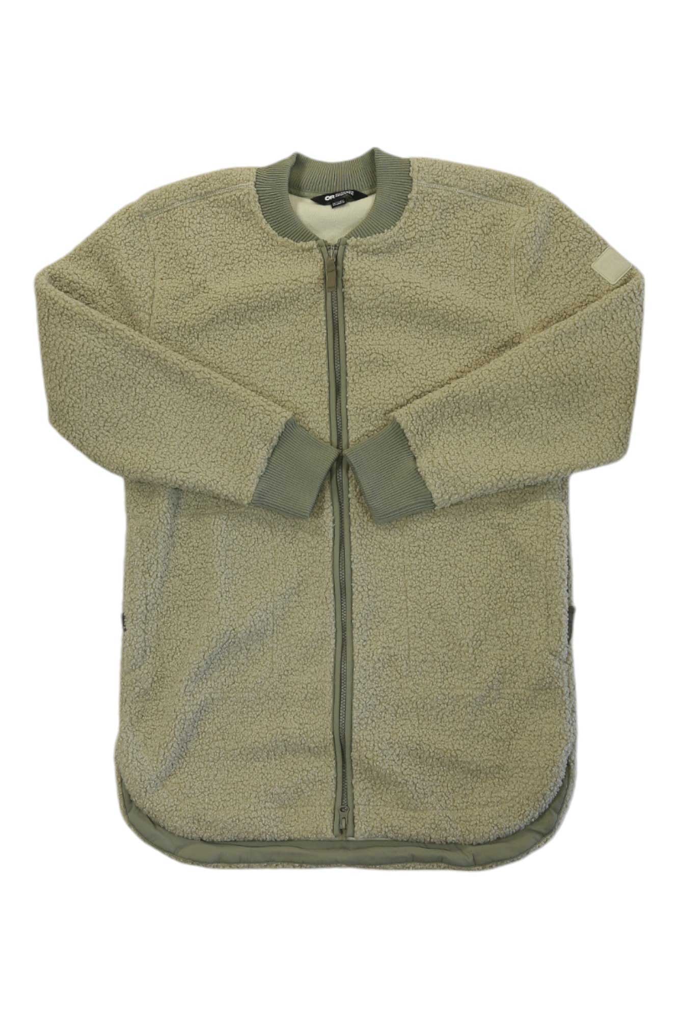 The Outdoor Research Womens Juneau Sherpa Fleece Coat is a light olive green, long-sleeve jacket with soft sherpa fleece, front zipper, ribbed cuffs and collar, and a rounded hem for comfort on any adventure.