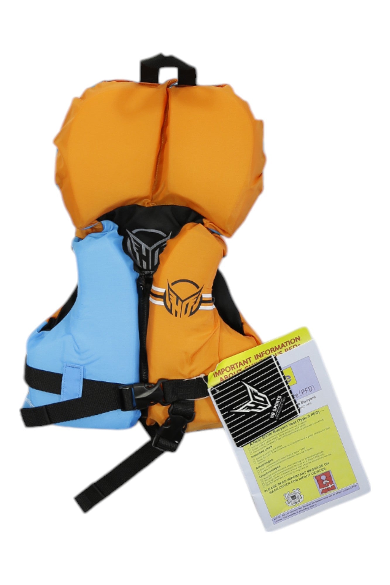 The HO Sports Toddlers Hot Shot Vest, an orange and blue life jacket with black straps, is shown beside an instruction manual titled IMPORTANT INFORMATION and Personal Flotation Device (PFD) for toddler water safety.
