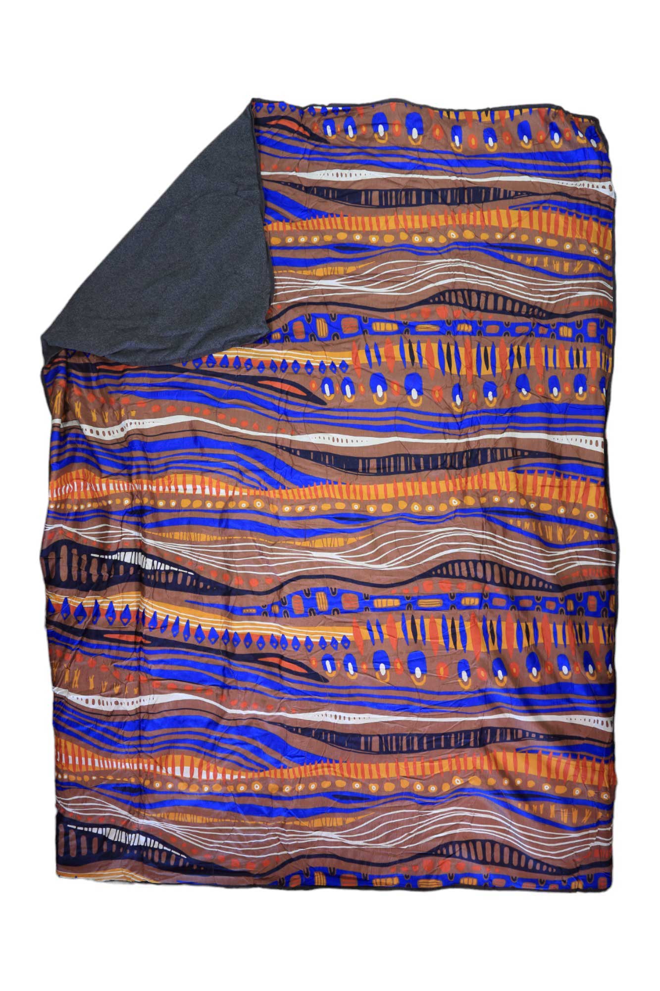 The Eagles Nest Outfitters FieldDay Blanket is folded to display its colorful abstract pattern with wavy orange, brown, blue, and white lines. A corner is turned up, revealing the solid dark gray recycled polar fleece underside.