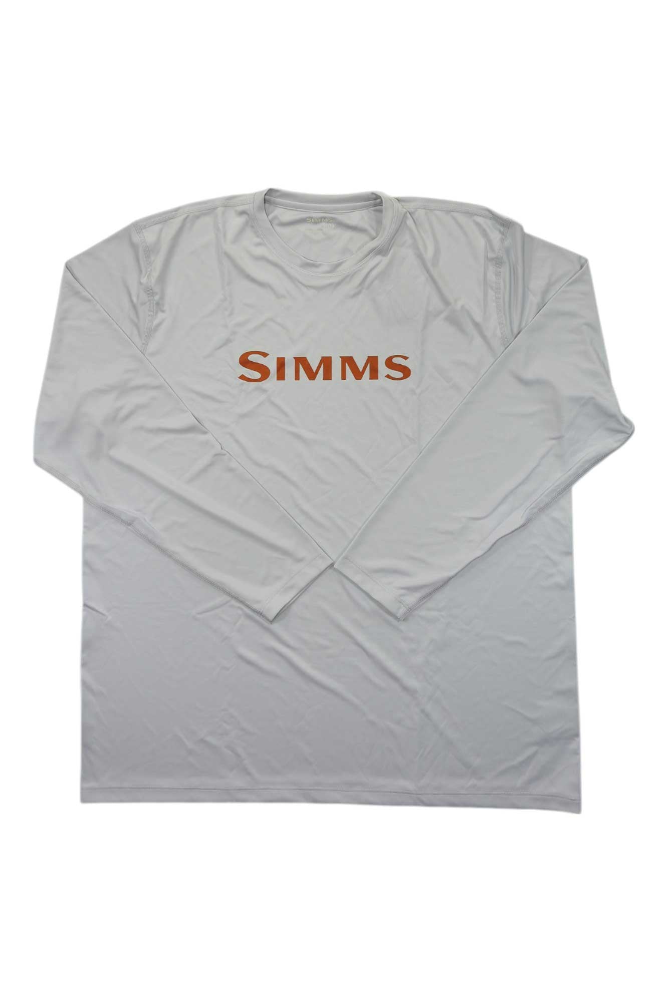 The Simms Mens Tech Tee is a lightweight, breathable, moisture-wicking shirt in light gray with bold orange SIMMS lettering across the chest, shown laid flat on a white background.